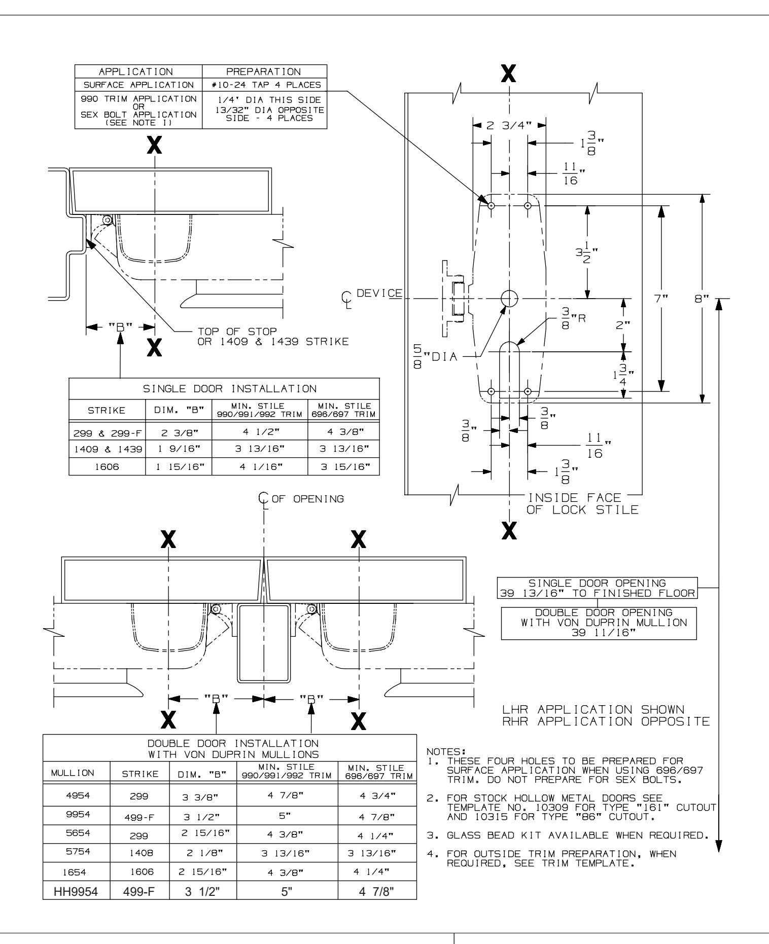 Von Duprin 98, 99 & 98-F, 99-F TP, K, & L Rim Devices For Hollow Metal Applications Template diagram on page 1