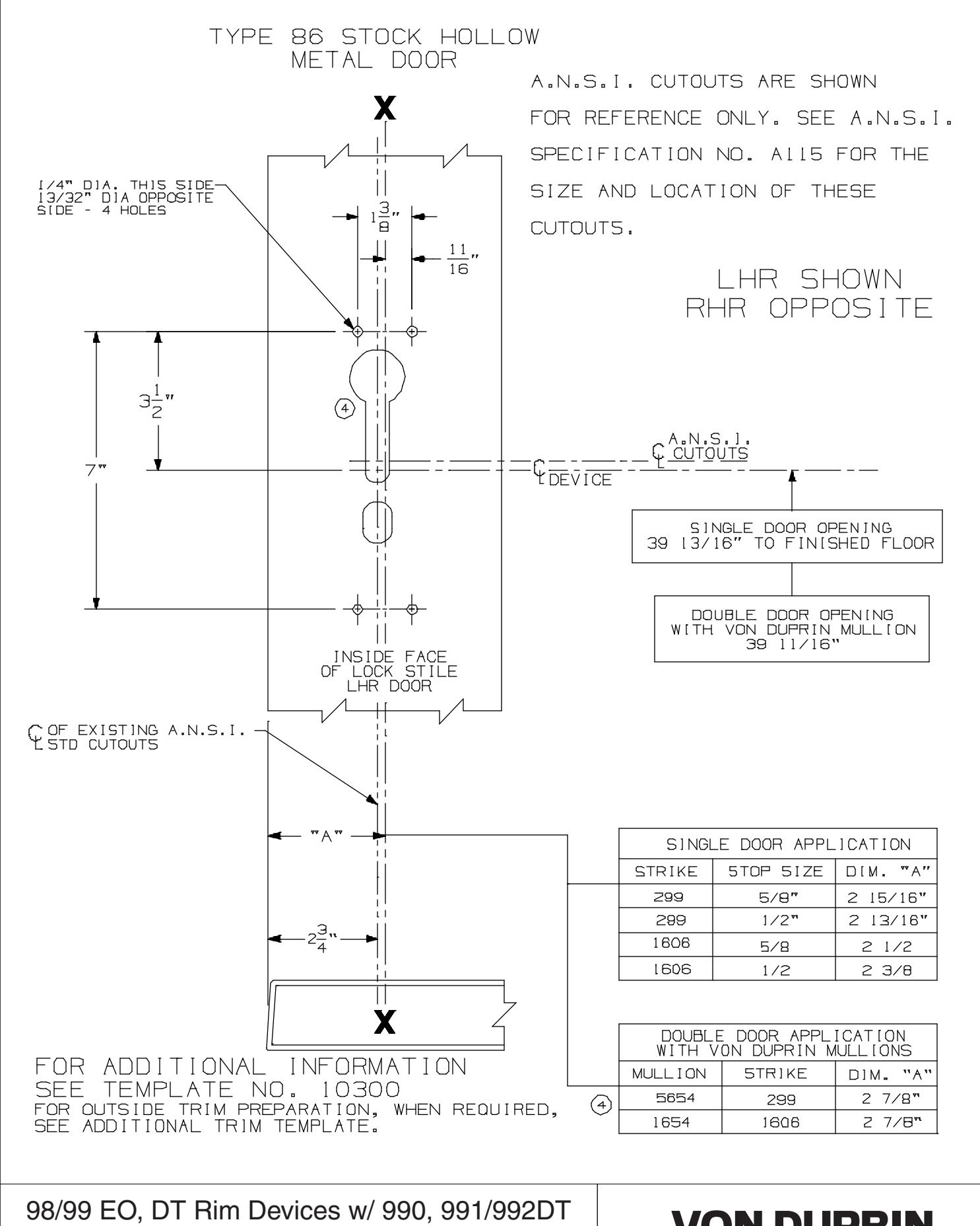 Von Duprin 98 and 99 EO, DT Rim Devices for Type “86” Stock Hollow Metal Applications Template diagram on page 1