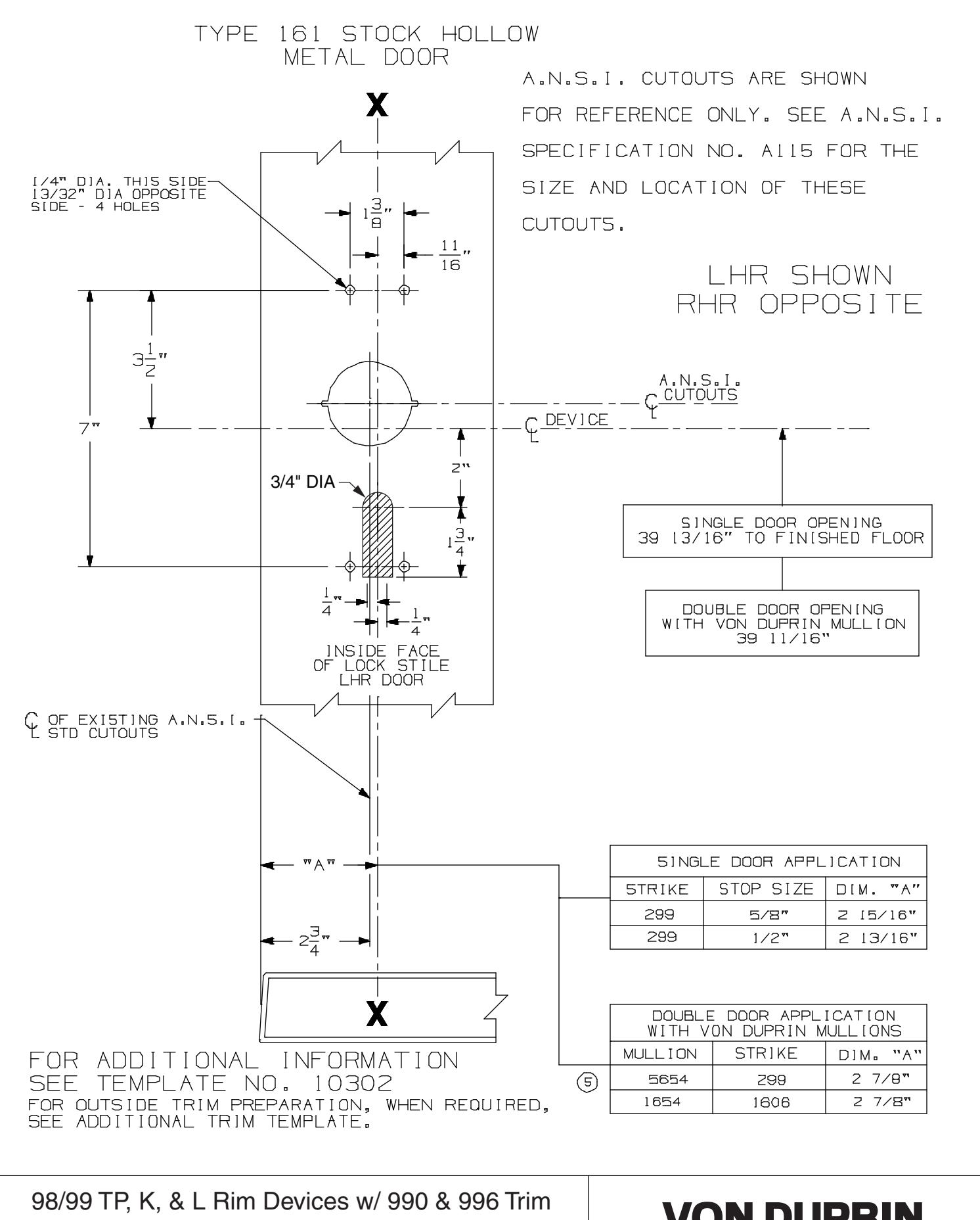 Von Duprin 98 and 99 TP, K, L Rim Device for Type “161” Stock Hollow Metal Applications Template diagram on page 1