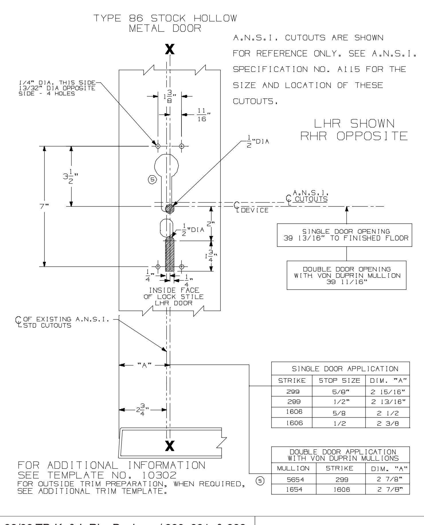 Von Duprin 98 and 99 TP, K, L Rim Devices for Type “86” Stock Hollow Metal Applications Template diagram on page 1