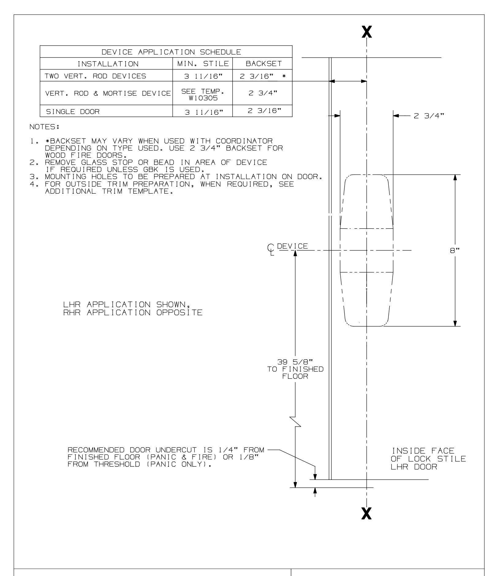 Von Duprin 9827, 9927, 9827-F, 9927-F Series Surface Vertical Rod Device TL Function For Wood Door Template diagram on page 1