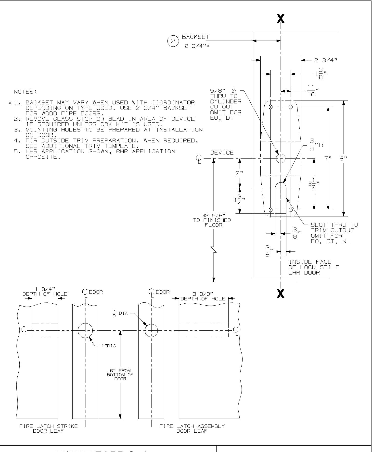 Von Duprin 9827-F-LBR, 9927-F-LBR Series Surface Vertical Rod Device NL, NL-OP, TP, K, L Functions For Wood Door Template dia