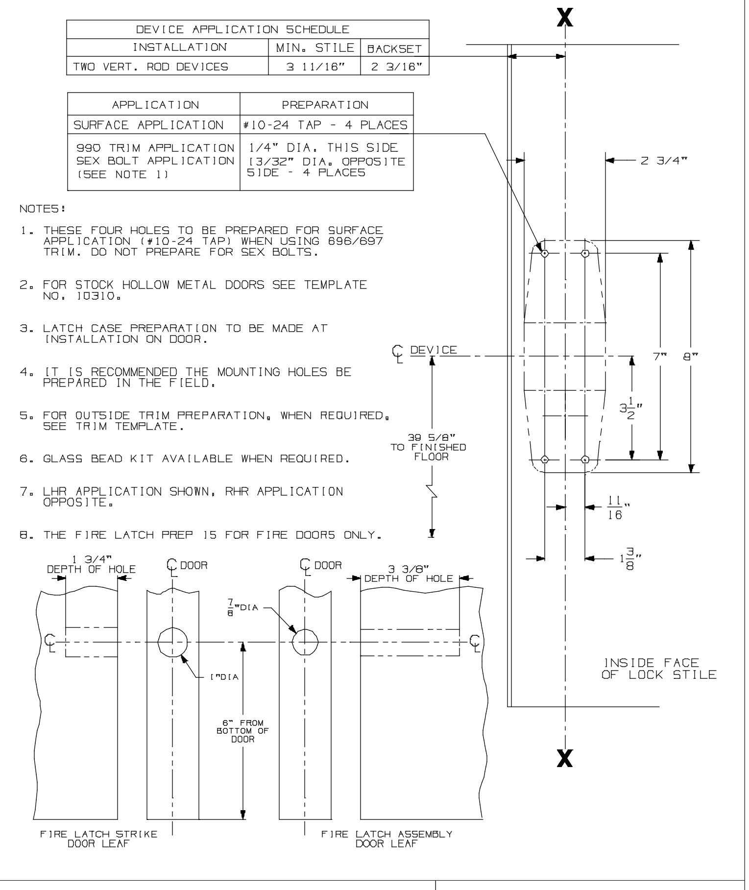 Von Duprin 9827-F-LBR,9927-F-LBR EO, DT Function Surface Vertical Rod Devices For Hollow Metal Applications Template diagram 