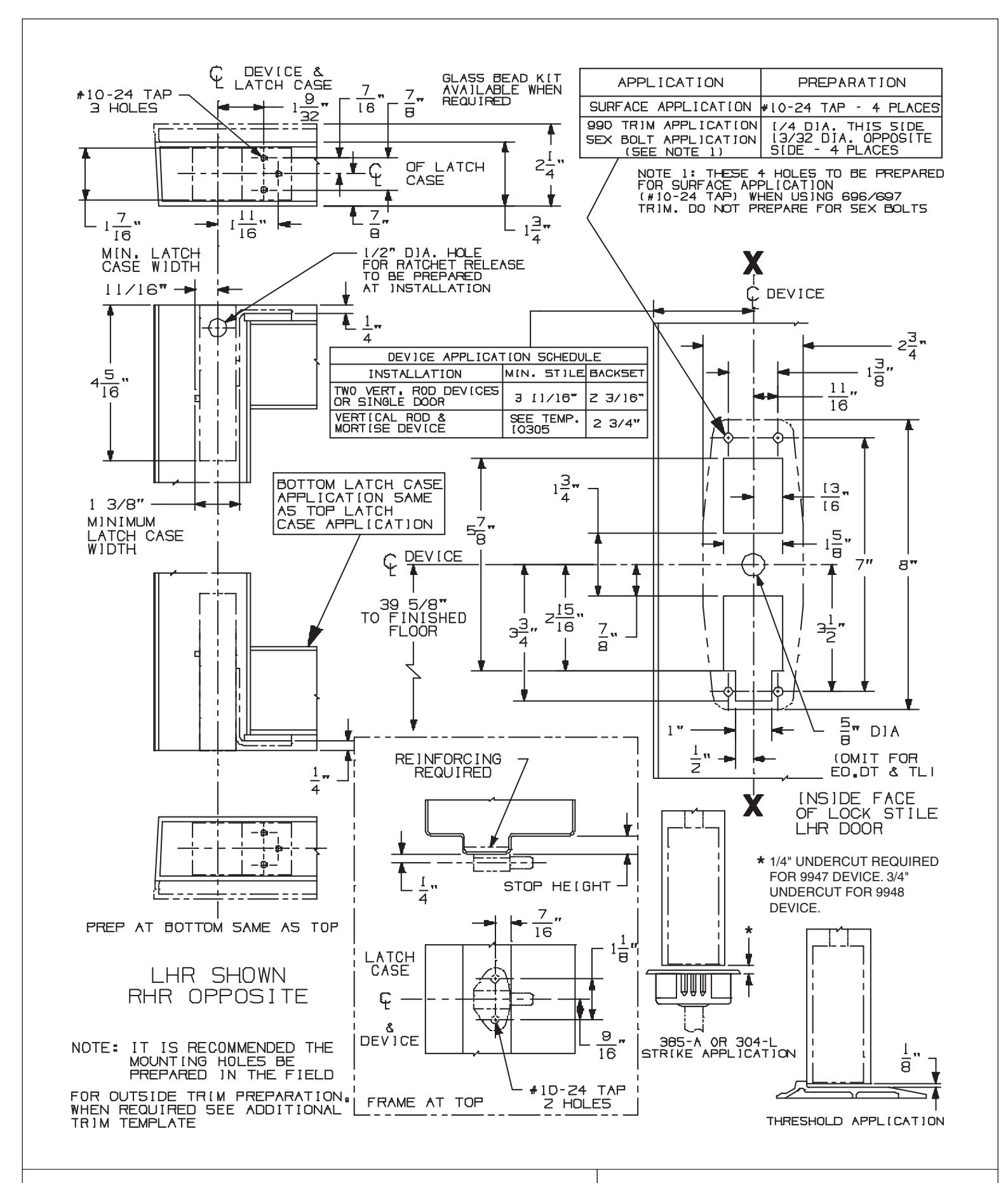 Von Duprin 9847, 9947, 9848, 9948 Concealed Vertical Rod Devices For Hollow Metal Applications Template diagram on page 1