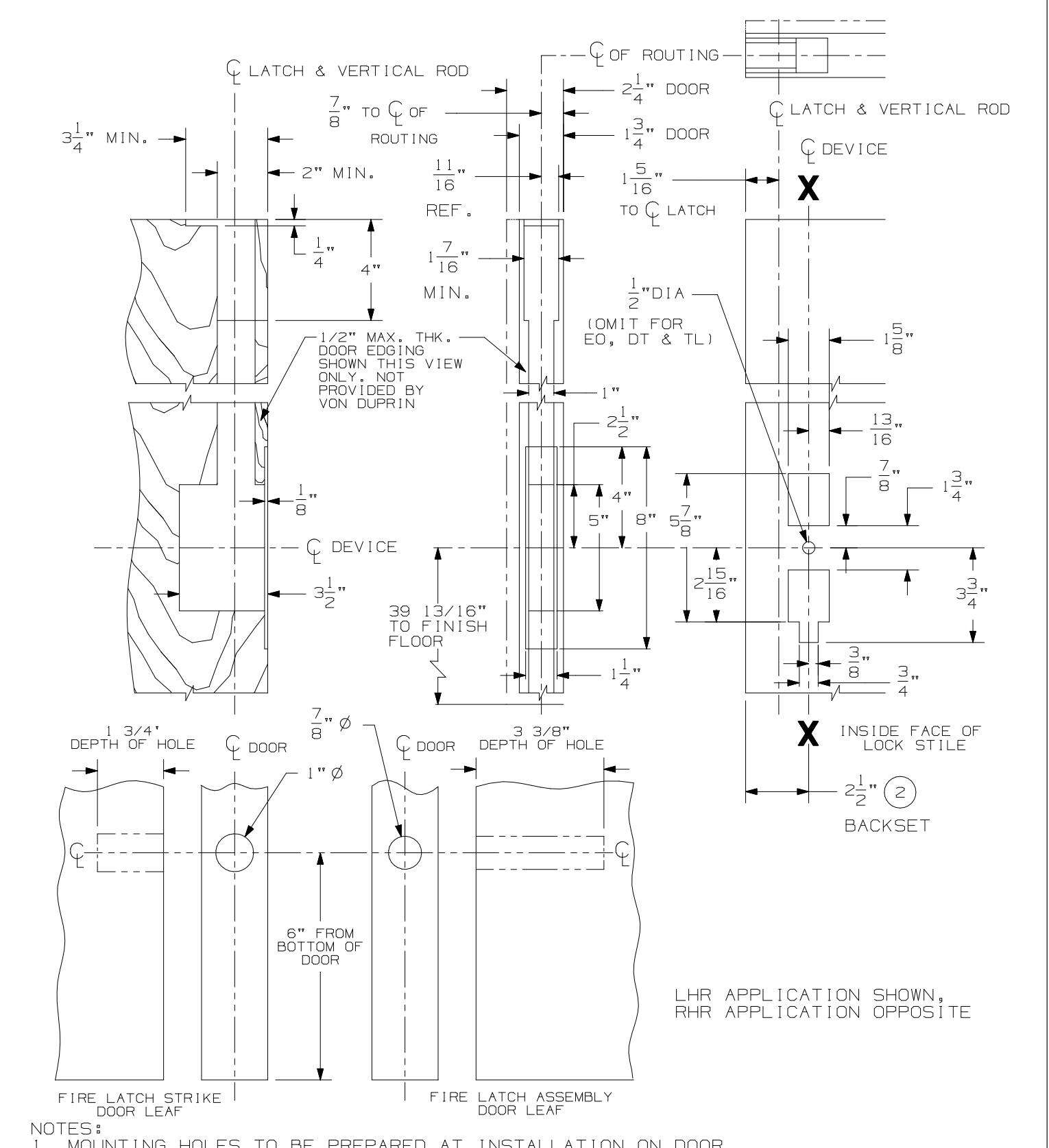 Von Duprin 9847WDC, 9947WDC Concealed Vertical Rod LBR versions For Wood Door Template diagram on page 1