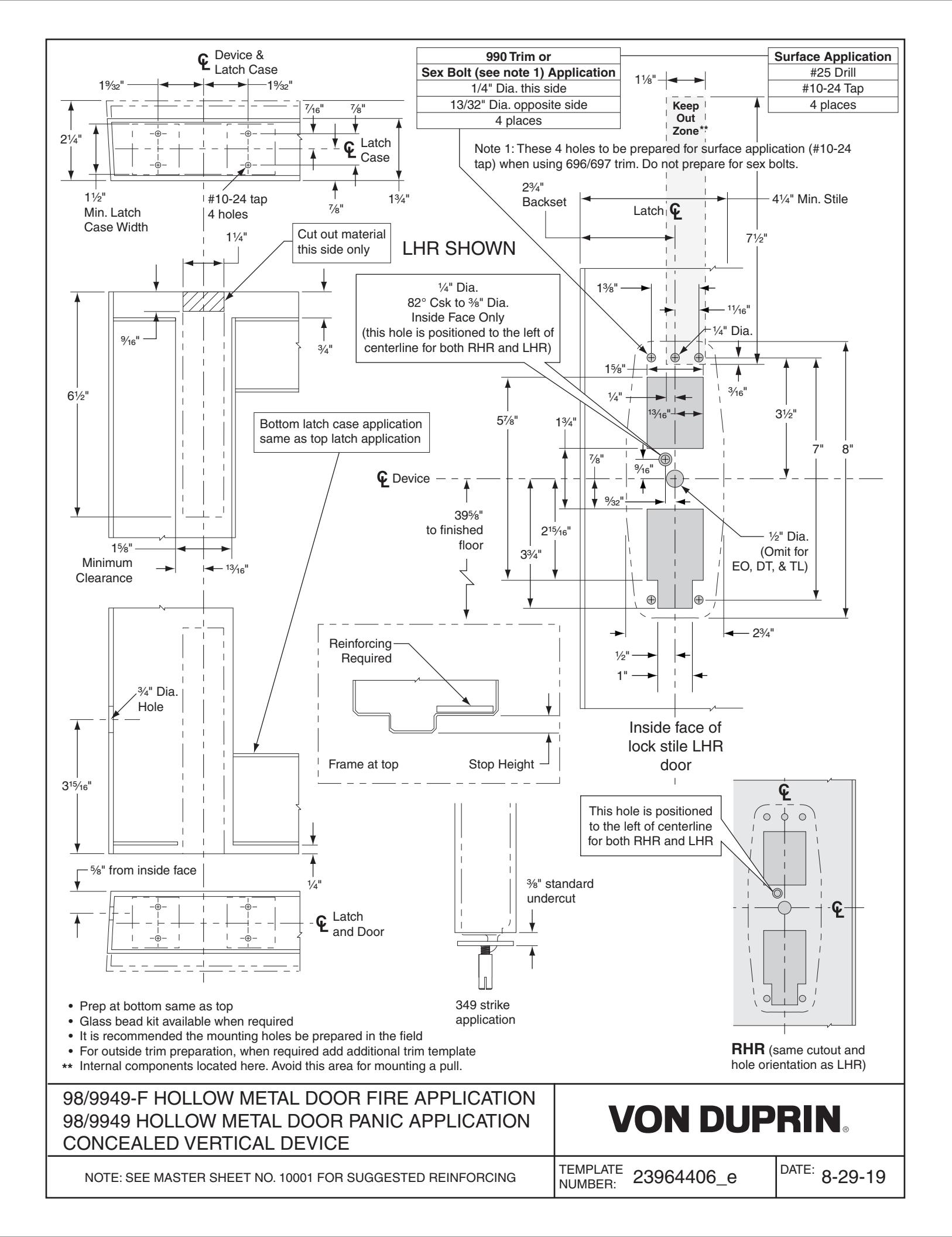 Von Duprin 9849, 9949, 9849-F, 9949-F Concealed Vertical Devices For Hollow Metal Applications Template diagram on page 1