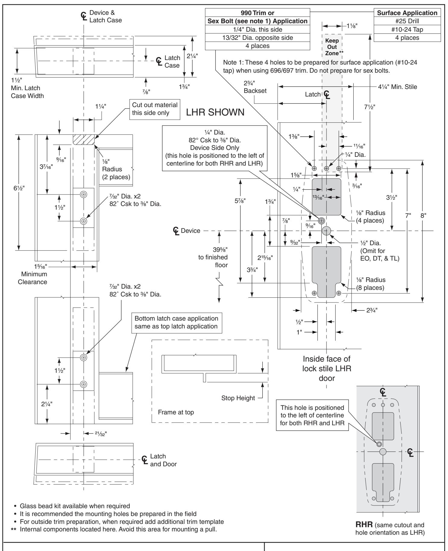 Von Duprin 9849, 9949 Concealed Vertical Devices For Aluminium Door Panic Applications Template diagram on page 1