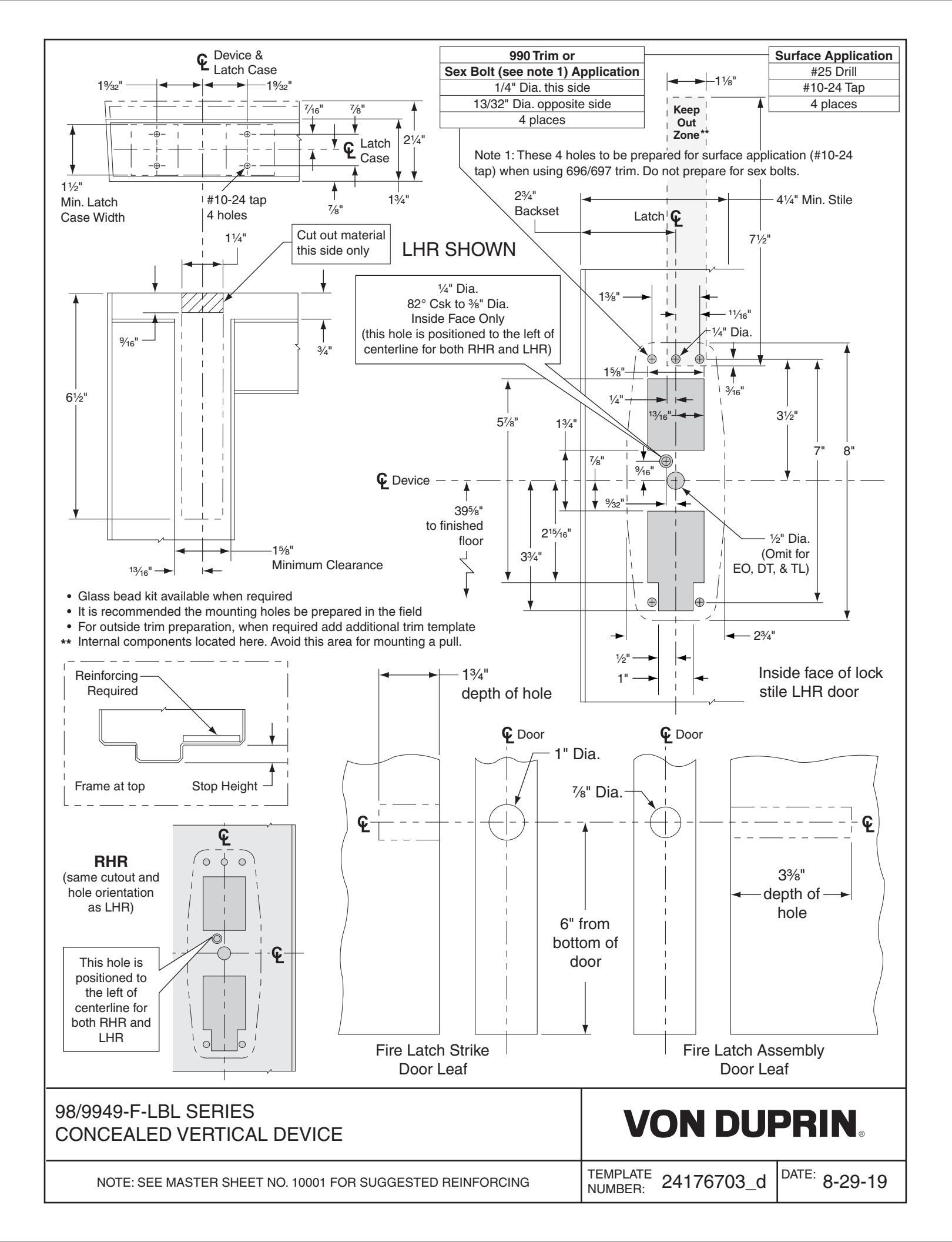 Von Duprin 9849-F-LBL, 9949-F-LBL Concealed Vertical Devices LBL Applications Template diagram on page 1