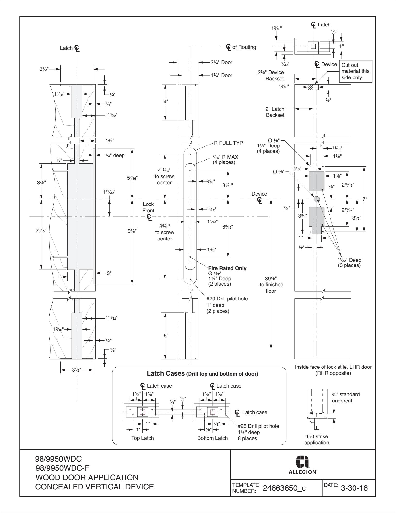 Von Duprin 9850WDC, 9950WDC, 9850WDC-F, 9950WDC-F Concealed Vertical Cable For Wood Door Template diagram on page 1