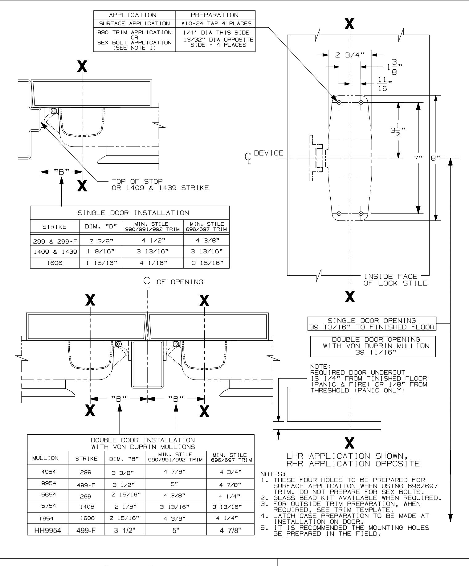 Von Duprin 9857, 9957, 9857-F, 9957-F Eo, DT Functions 3 Point Latch Devices Metal Door Template diagram on page 1