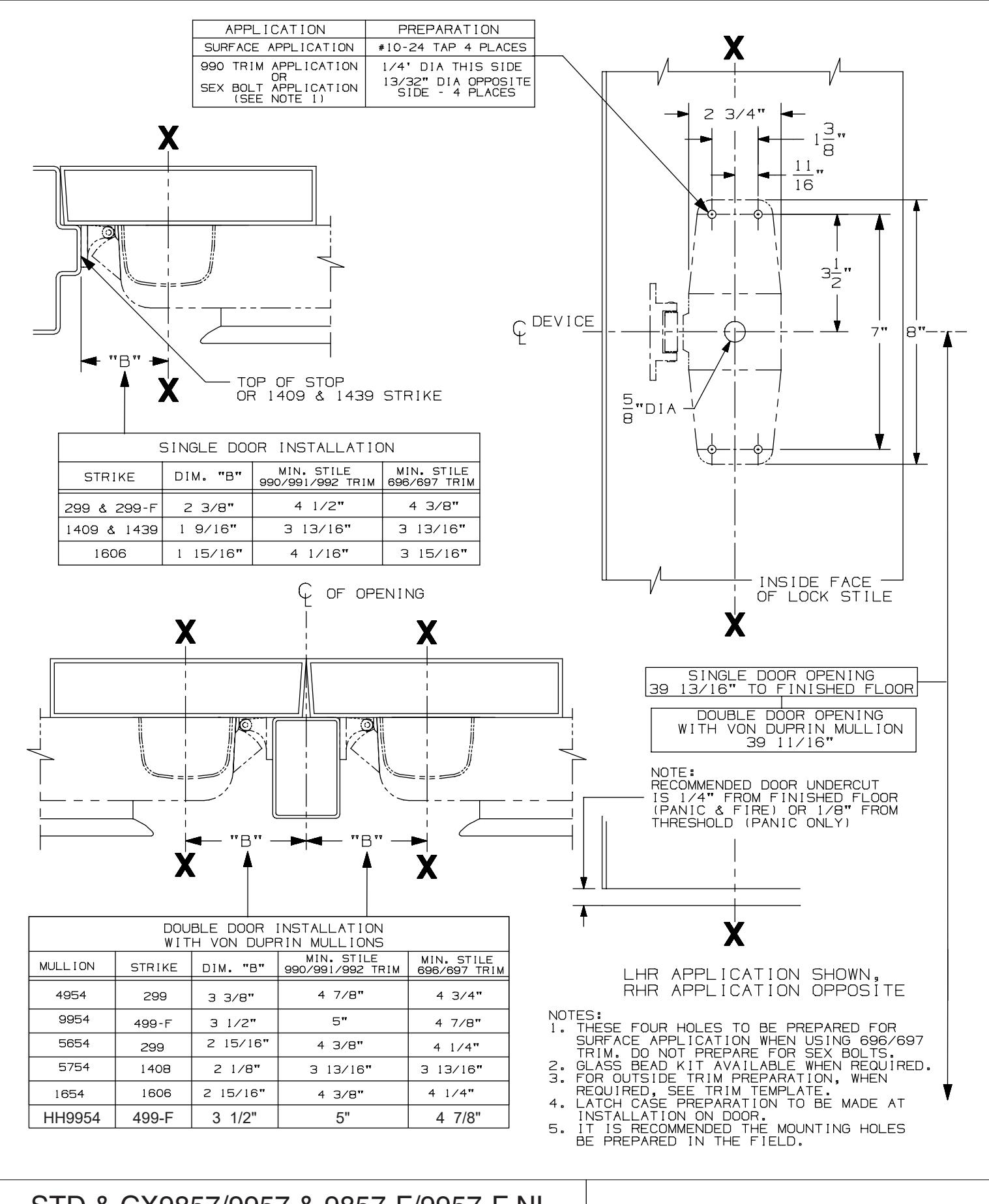 Von Duprin 9857, 9957, 9857-F, 9957-F NL Function 3 Point Latch Devices Metal Door Template diagram on page 1