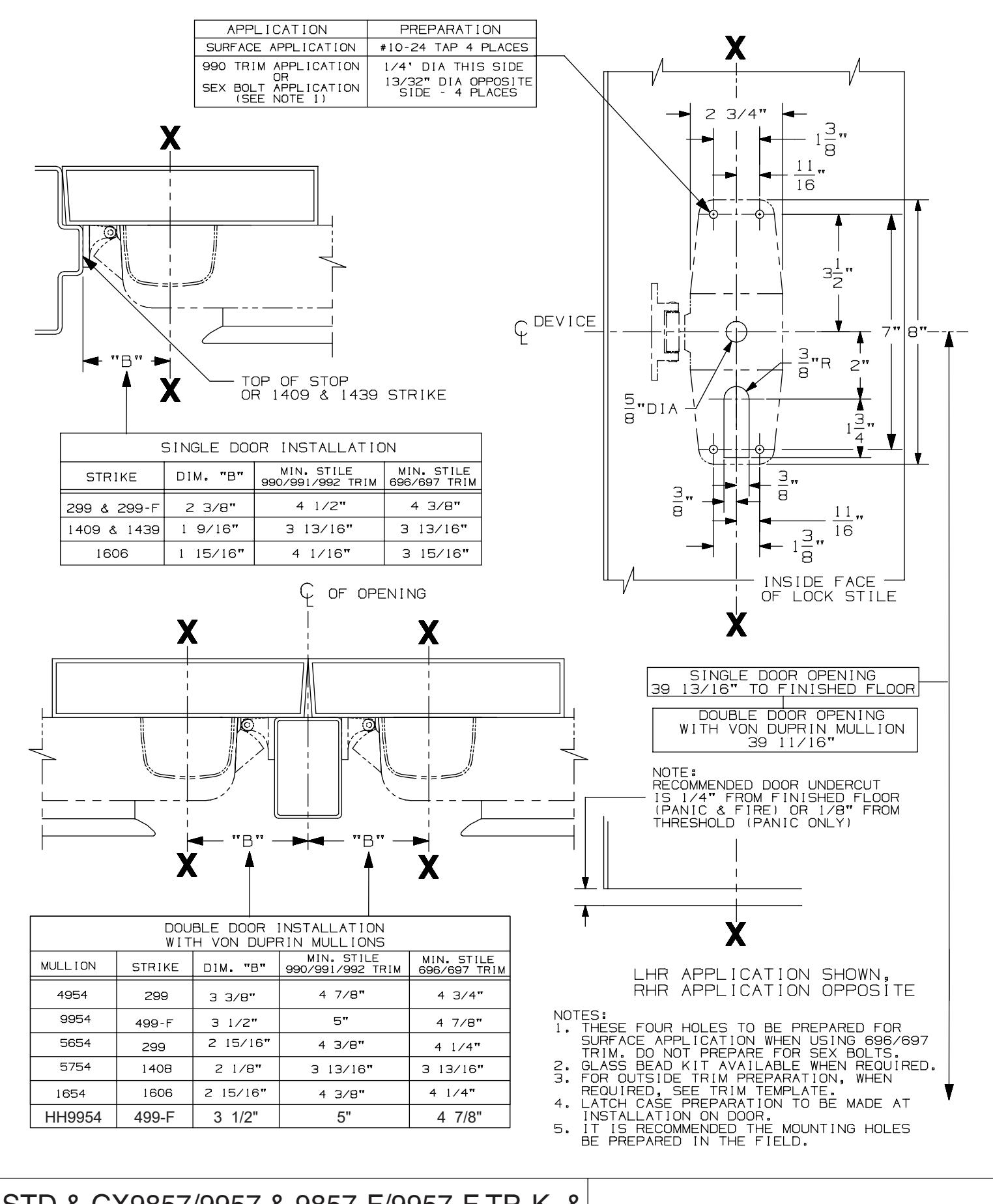 Von Duprin 9857, 9957, 9857-F, 9957-F TP, K, L Functions 3 Point Latch Devices Metal Door Template diagram on page 1
