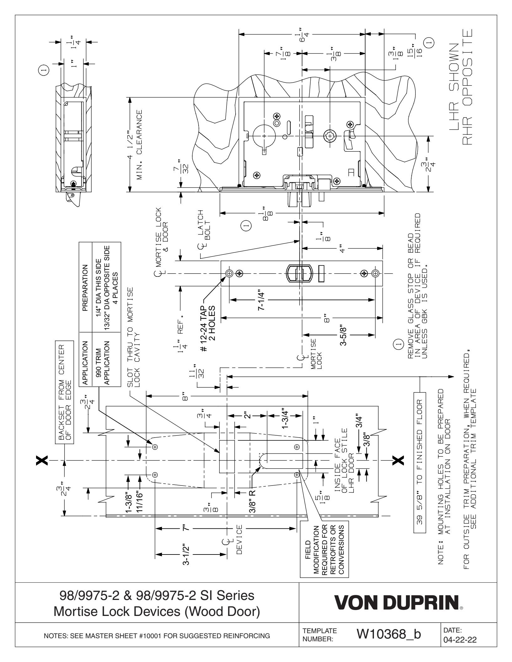 Von Duprin 9875-2, 9975-2 & 9875-2 SI, 9975-2 SI Series Mortise Lock Device For Wood Door Template diagram on page 1