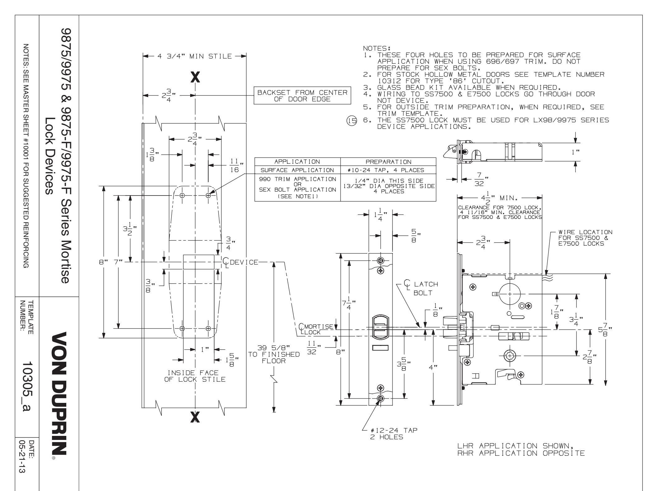 Von Duprin 9875, 9975, 9875-F, 9975-F, E9875, E9975 EO, DT, NL, TP, K, L, TP-2 Functions Mortise Device Metal Door Template d