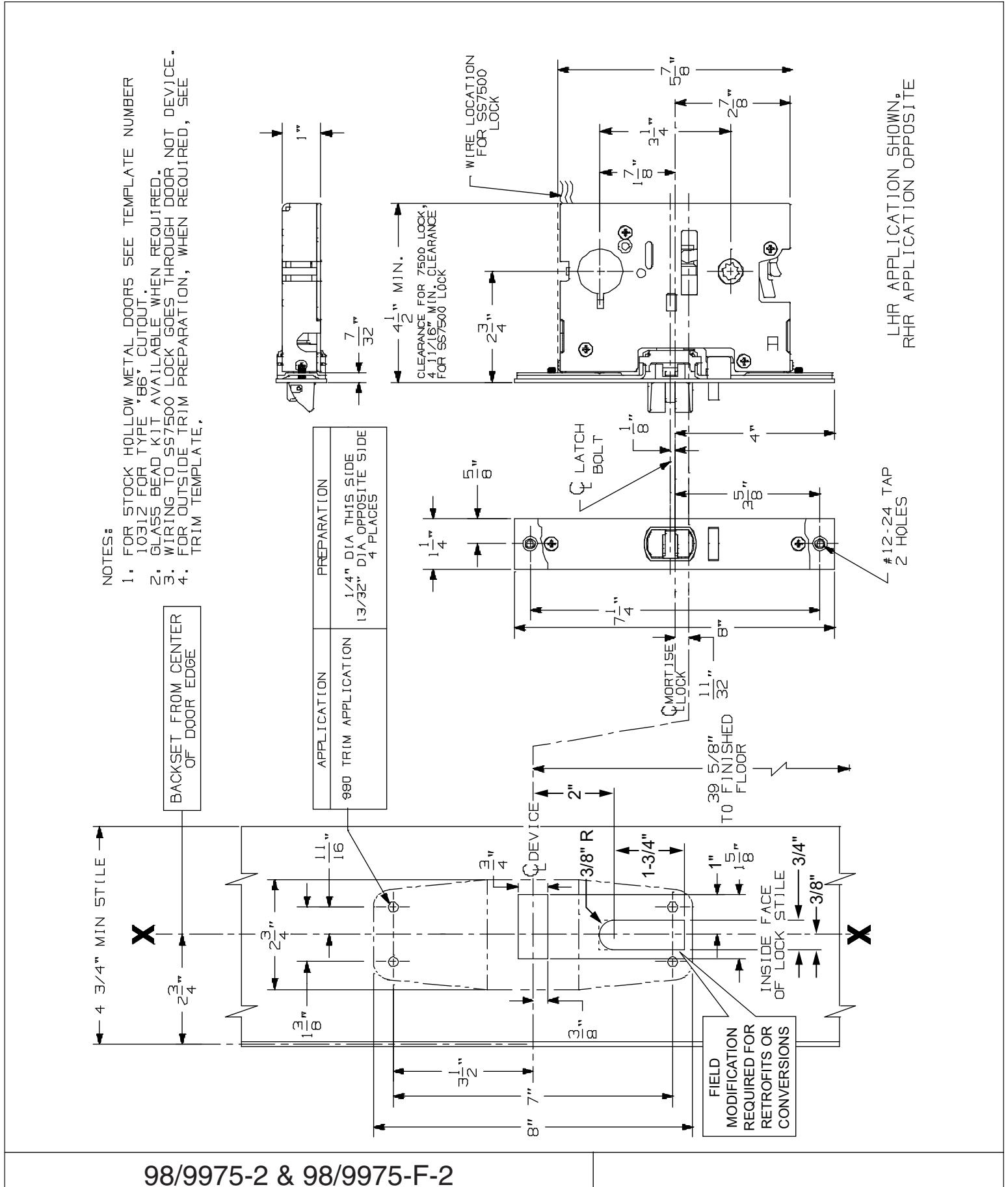 Von Duprin 9875, 9975, 9875-F, 9975-F, E9875, E9975 K-2, L-2 Functions Mortise Device Metal Door Template diagram on page 1