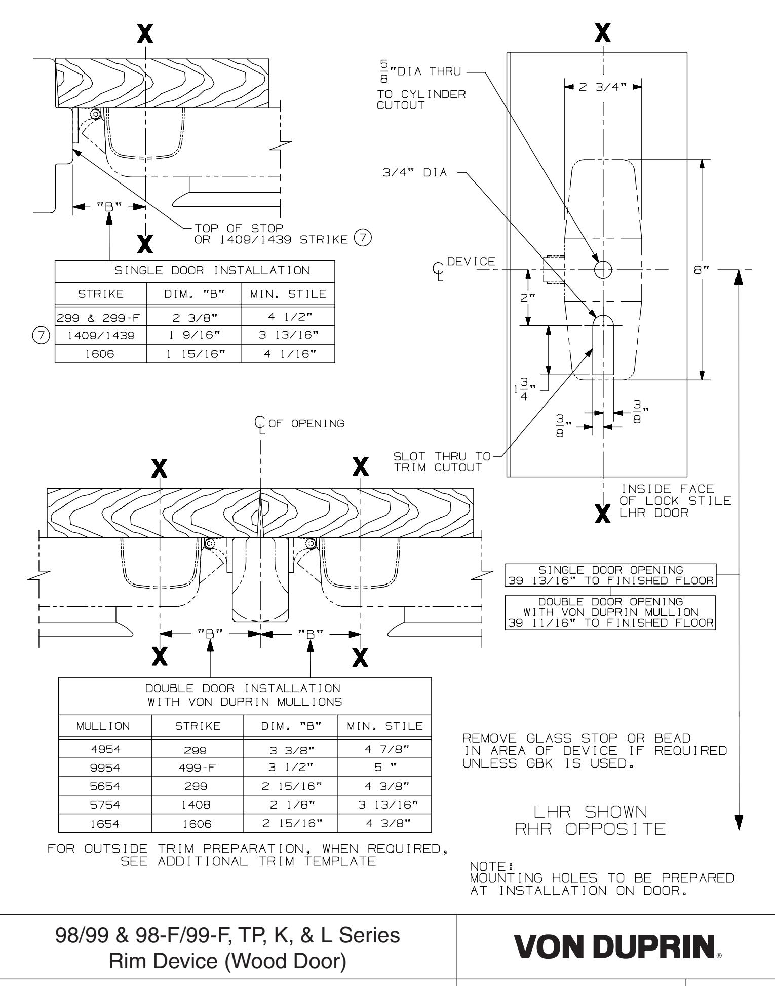 Von Duprin 98,99 & 98-F,99-F, TP, K, & L Series Rim Device For Wood Door Template diagram on page 1