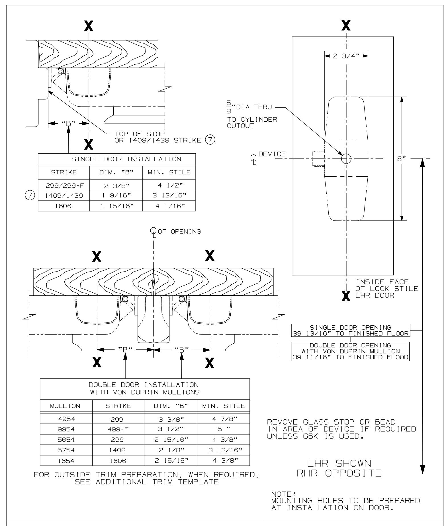 Von Duprin 98,99 NL Series Rim Device For Wood Door Template diagram on page 1