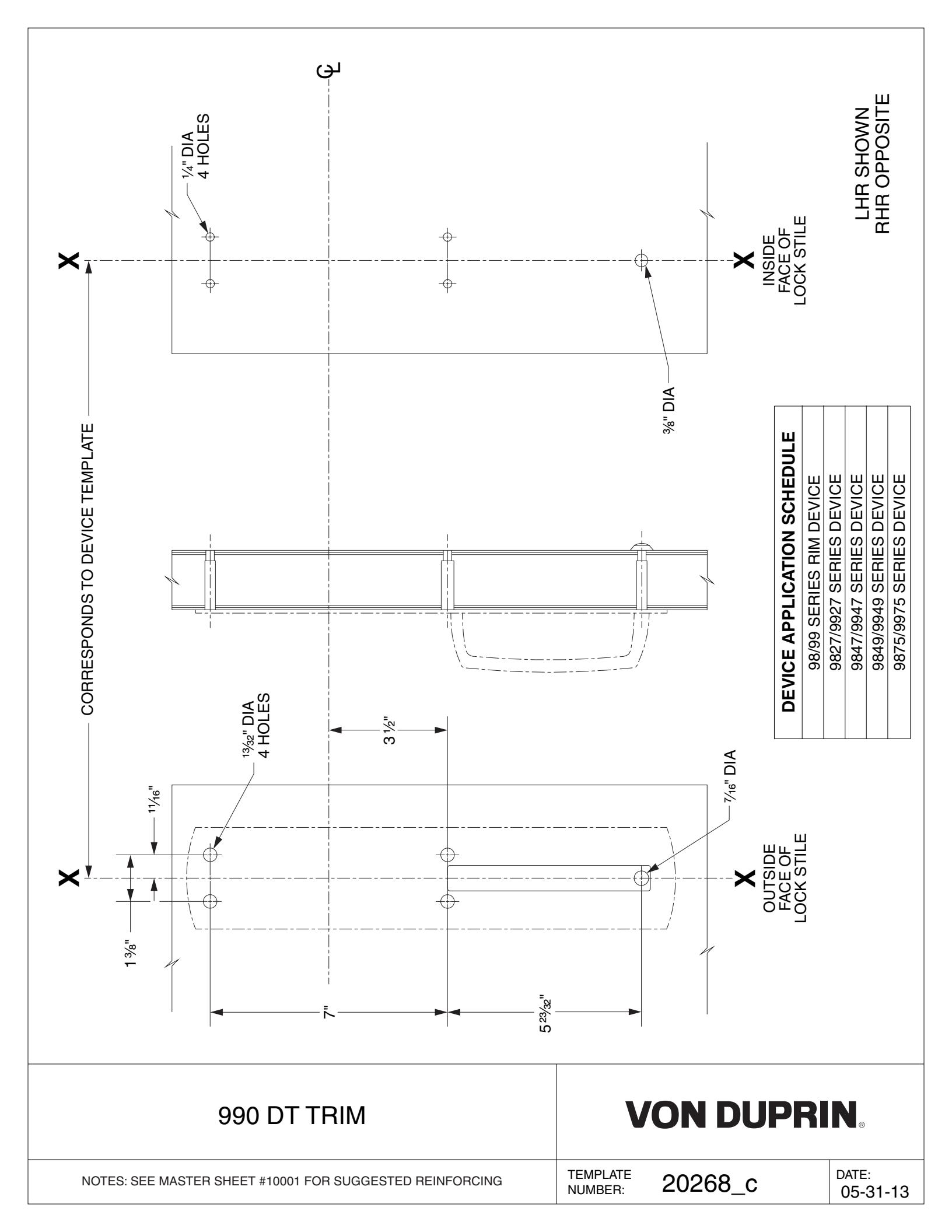 Von Duprin 990DT Trim For 98 and 99 Series Exit Device Metal Door Template diagram on page 1