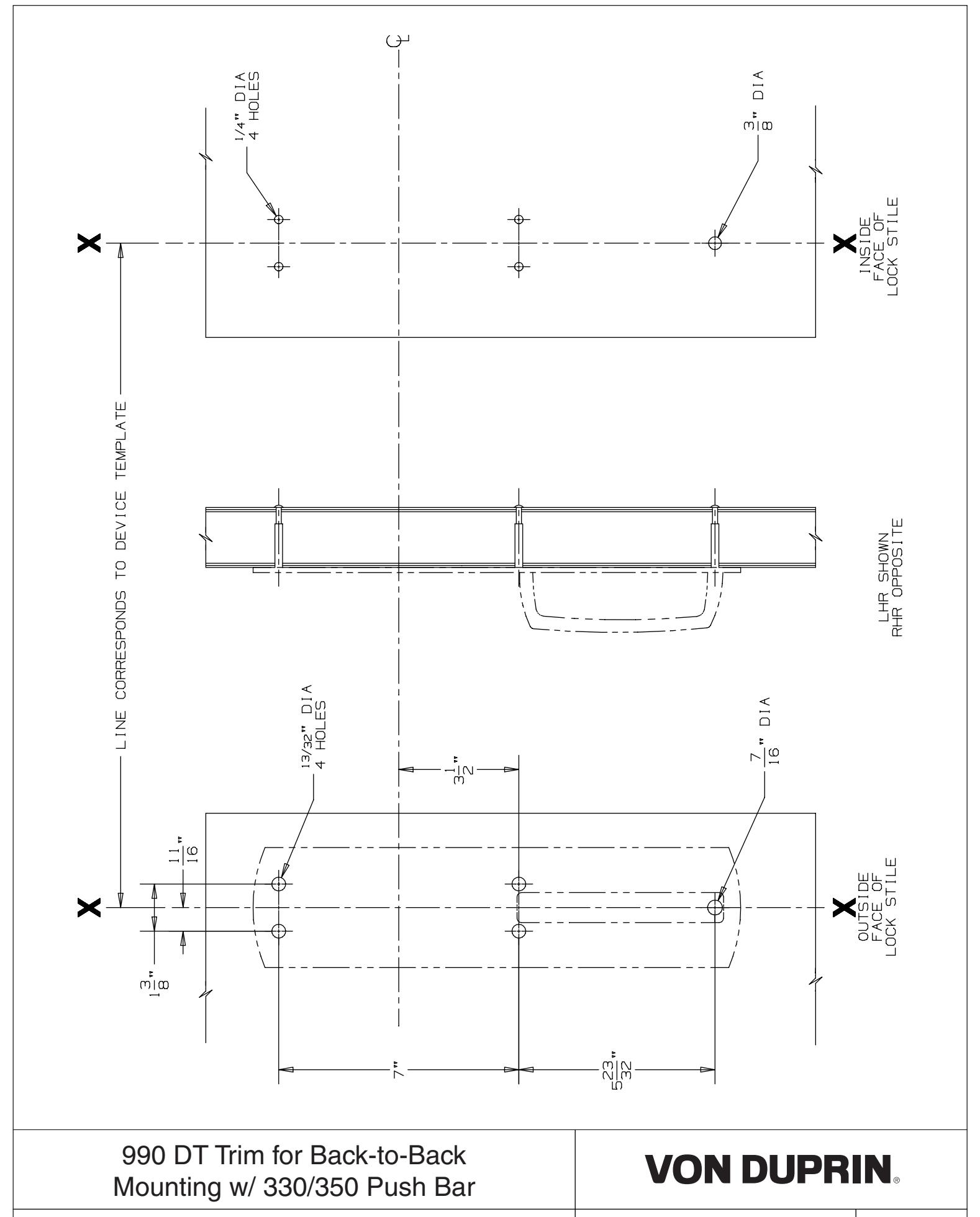 Von Duprin 990DT Trim Used with 330, 350 Push Bar For 98 and 99 Series Exit Device Metal Door Template diagram on page 1