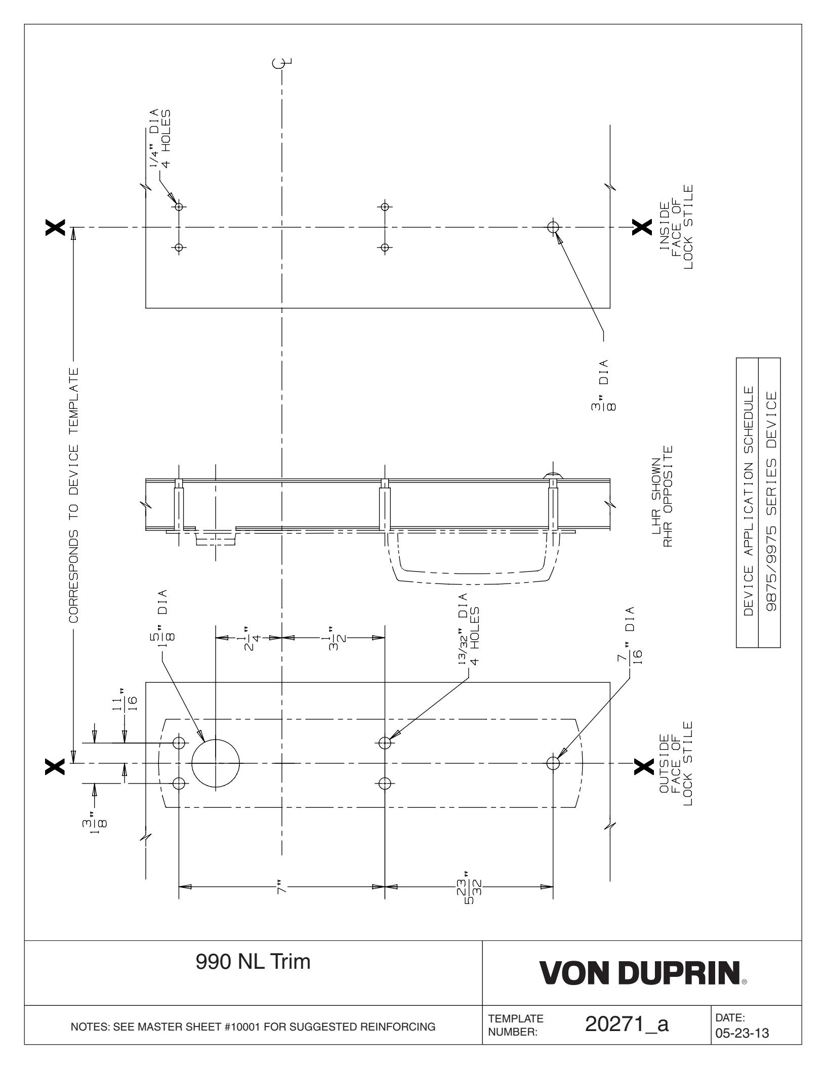 Von Duprin 990NL-M Trim For 98 and 99 Series Exit Device Metal Door Template diagram on page 1
