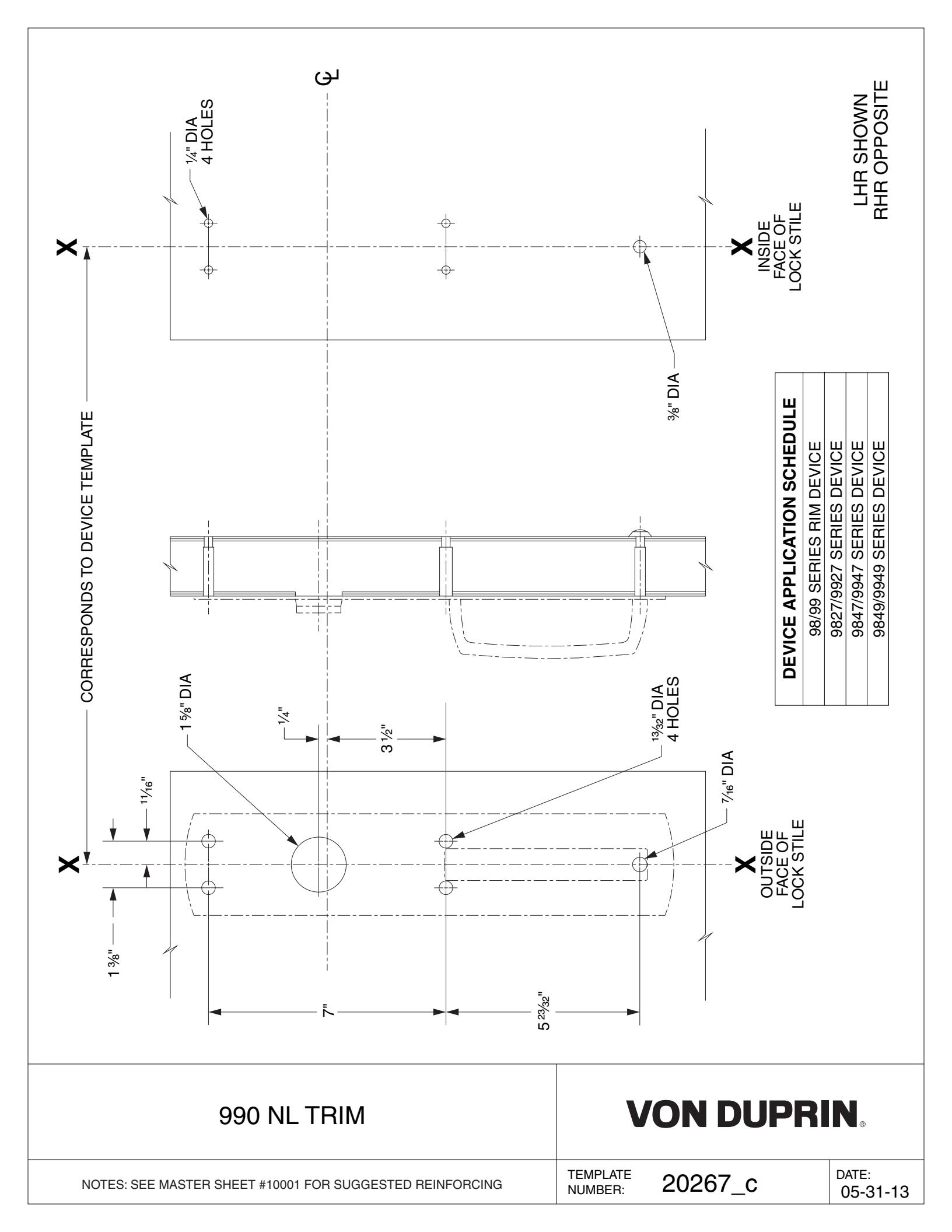 Von Duprin 990NL-R, 990NL-V Trim For 98 and 99 Series Exit Device Metal Door Template diagram on page 1