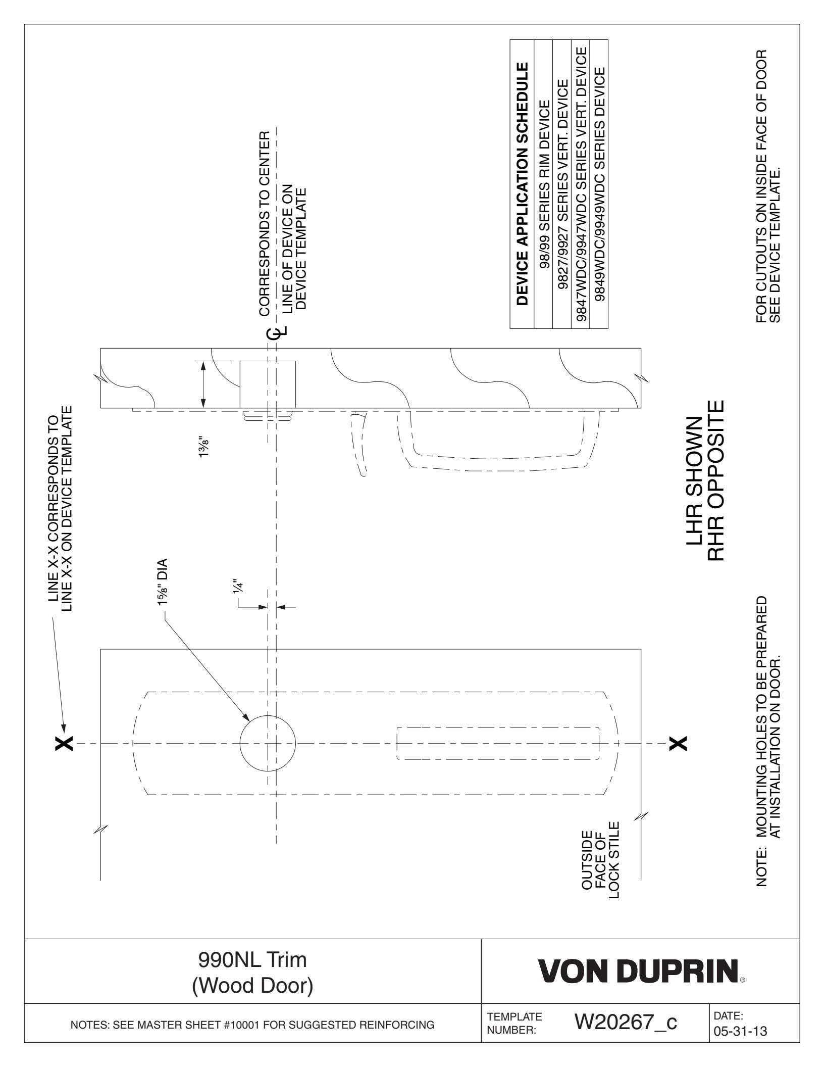 Von Duprin 990NL-R, 990NL-V Trim For 98 and 99 Series Trim Wood Door Template diagram on page 1
