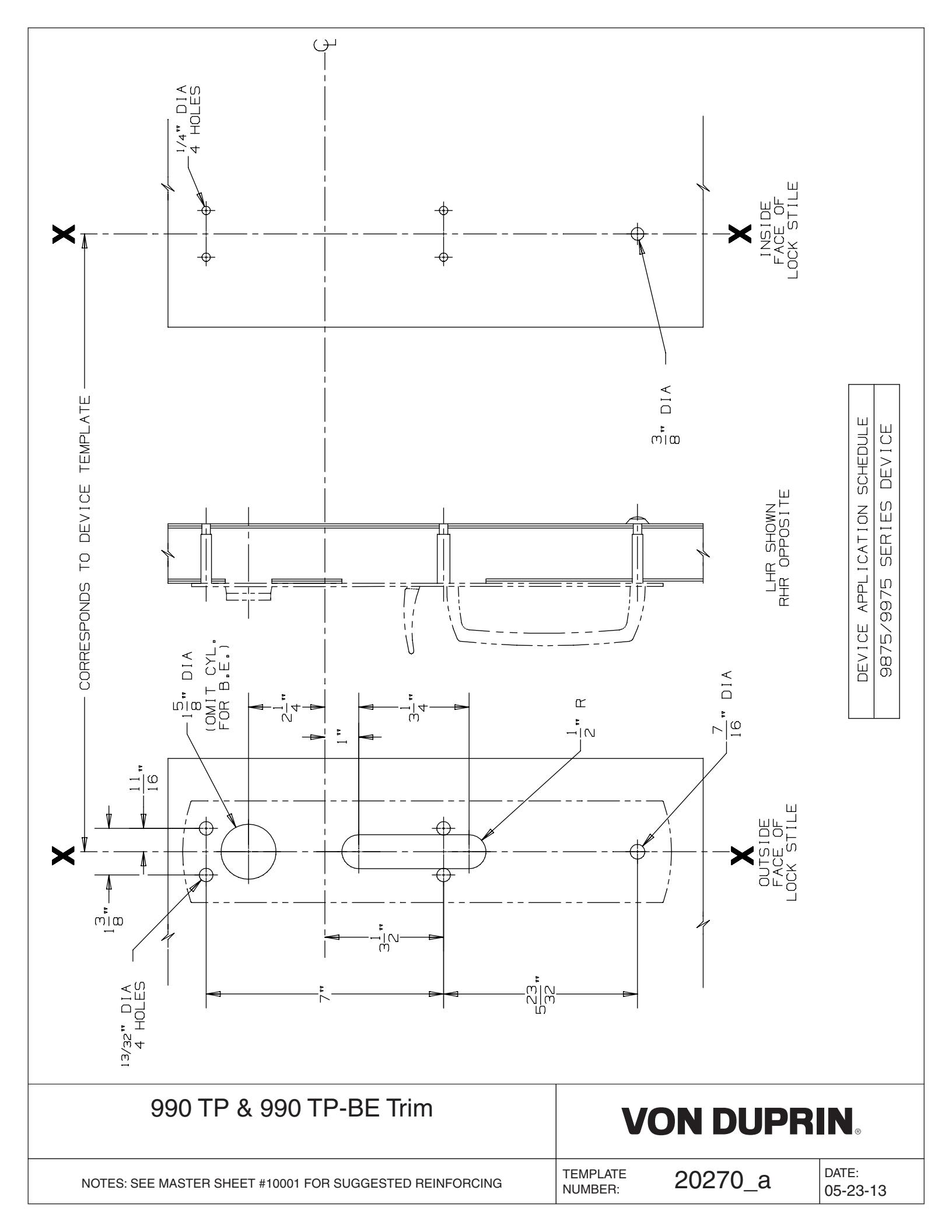 Von Duprin 990TP-M, 990TP-M-BE Trim For 98 and 99 Series Exit Device Metal Door Template diagram on page 1