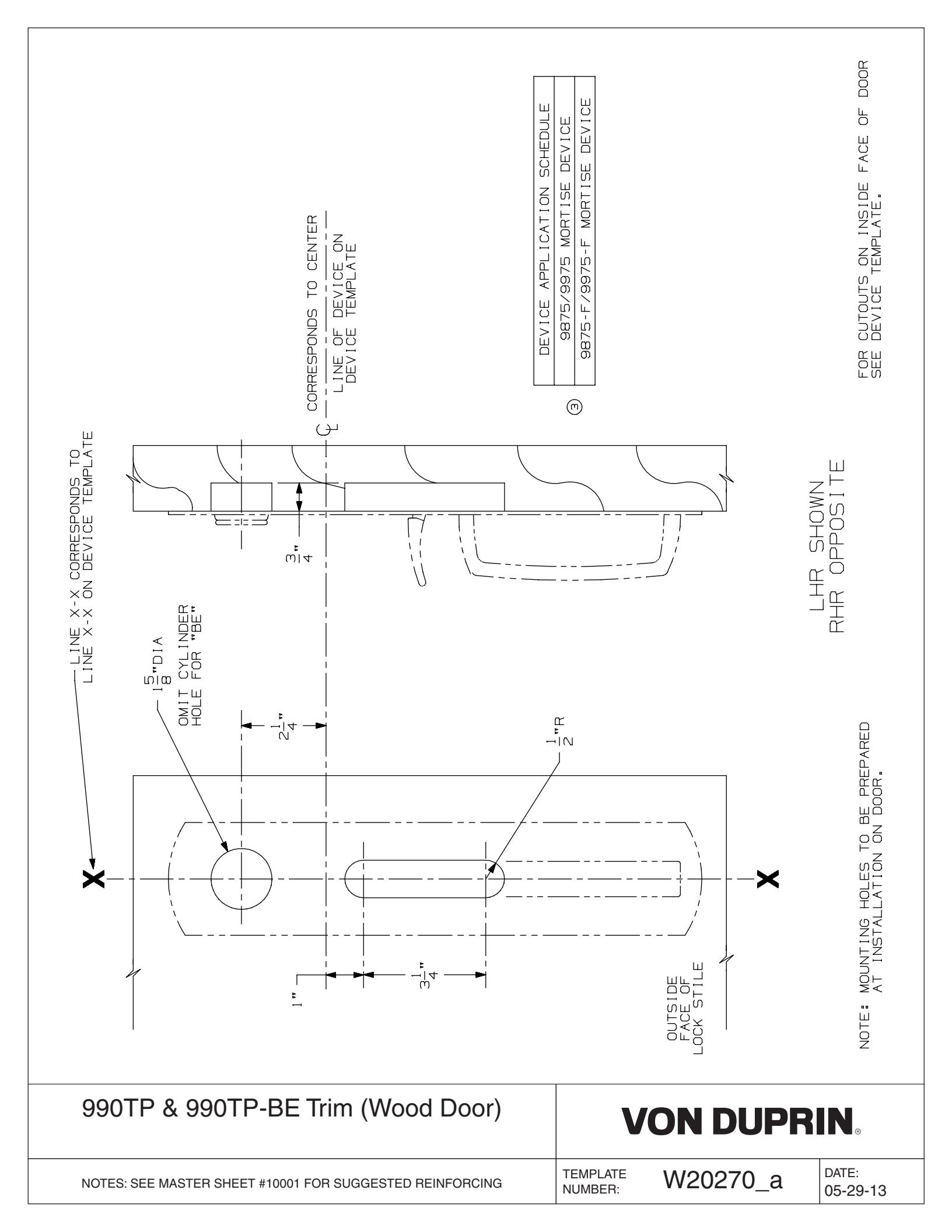 Von Duprin 990TP-M, 990TP-M-BE Trim For 98 and 99 Series Trim Wood Door Template diagram on page 1