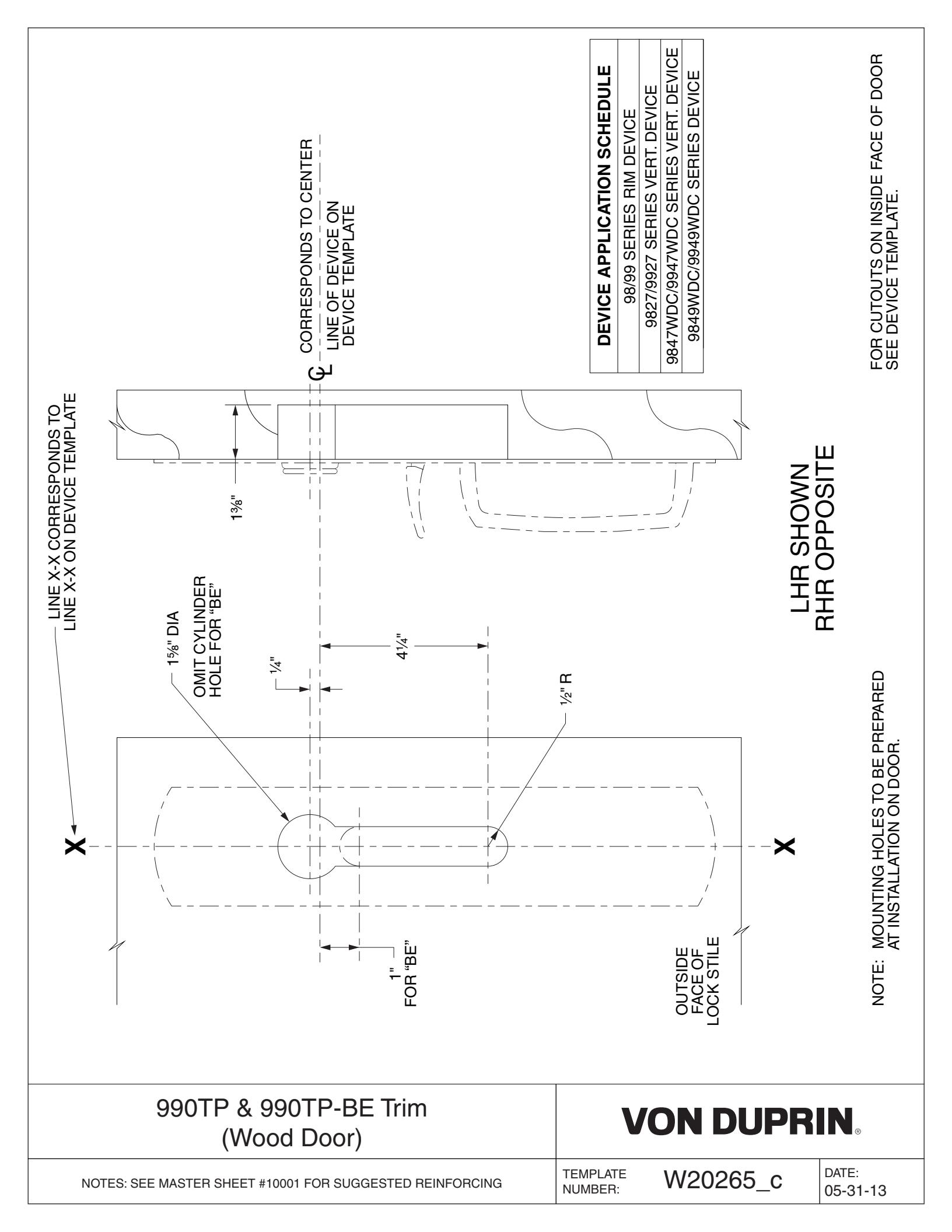 Von Duprin 990TP-R, 990TP-V, 990TP-R-BE, 990-TP-V-BE Trim For 98 and 99 Series Trim Wood Door Template diagram on page 1