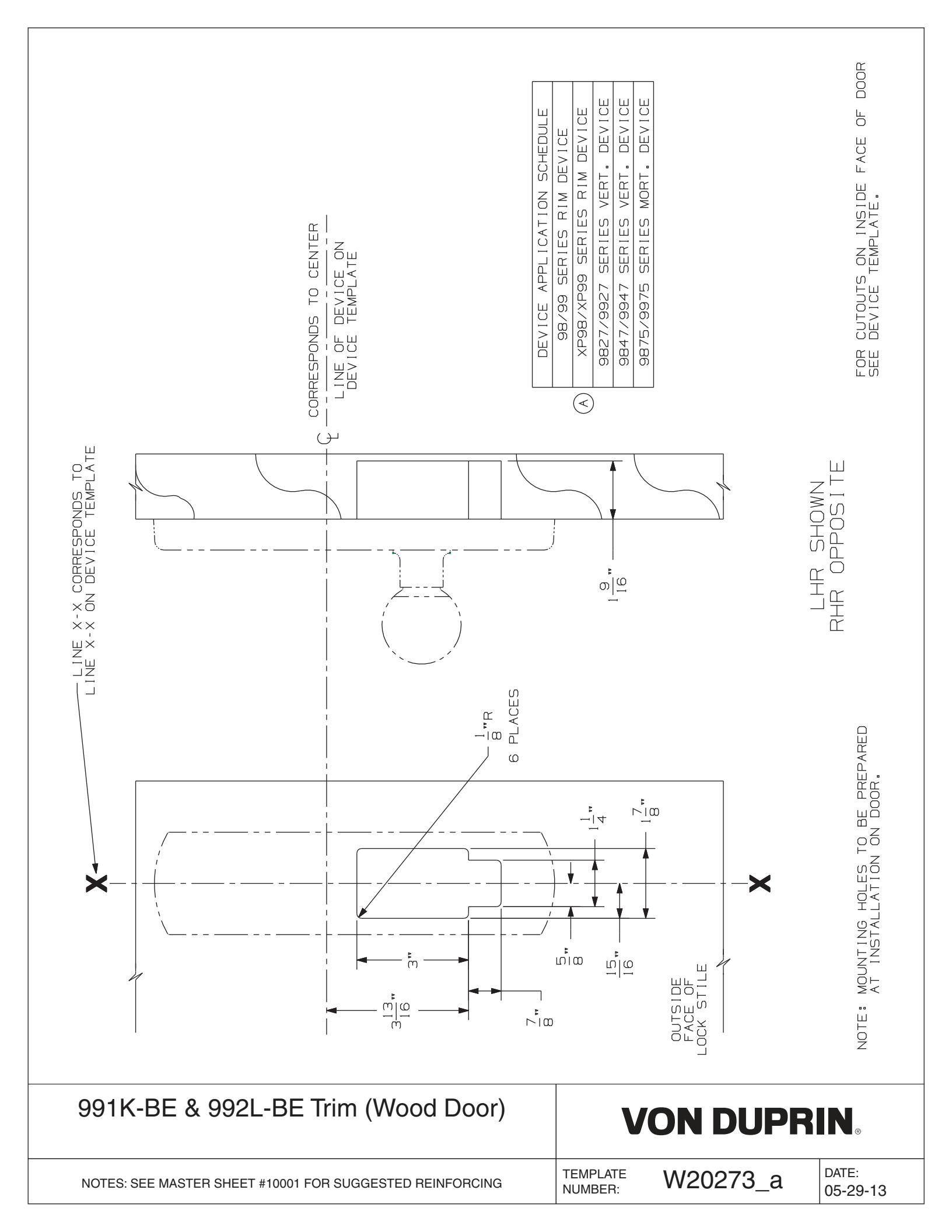 Von Duprin 991K-M-BE Trim For 98 and 99 Series Trim Wood Door Template diagram on page 1