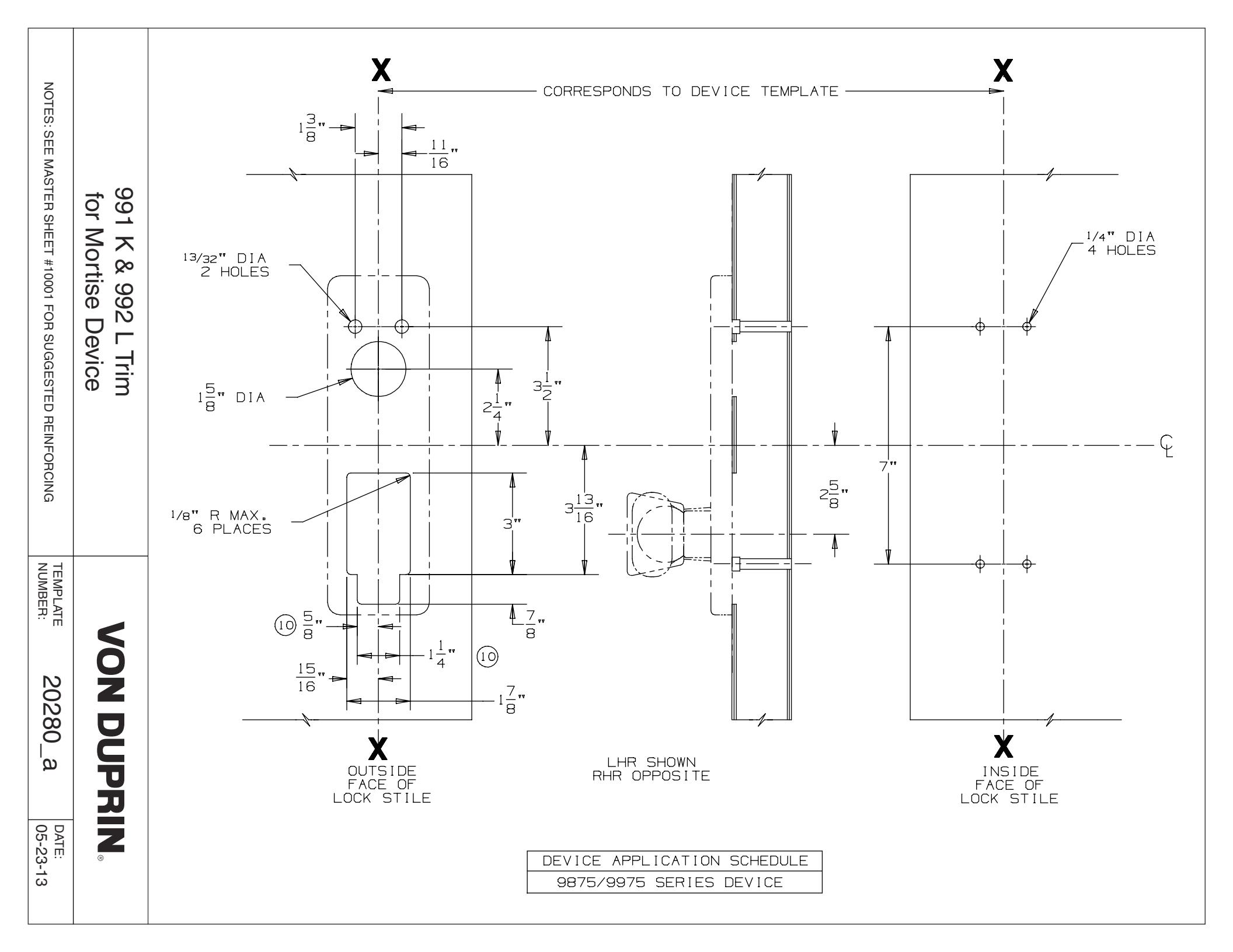 Von Duprin 991K-M Trim For 98 and 99 Series Exit Device Metal Door Template diagram on page 1