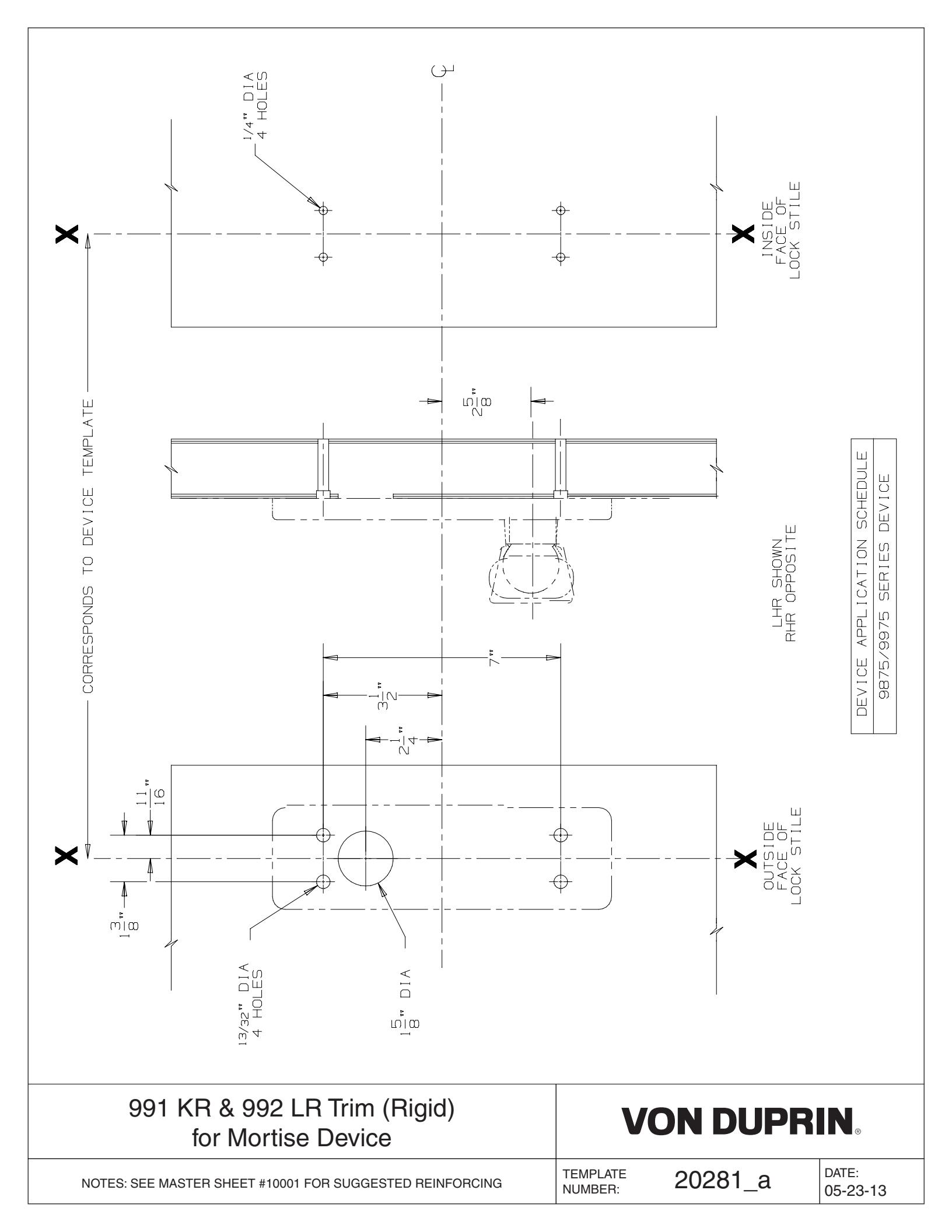 Von Duprin 991K-NL-M Rigid Trim For 98 and 99 Series Exit Device Metal Door Template diagram on page 1