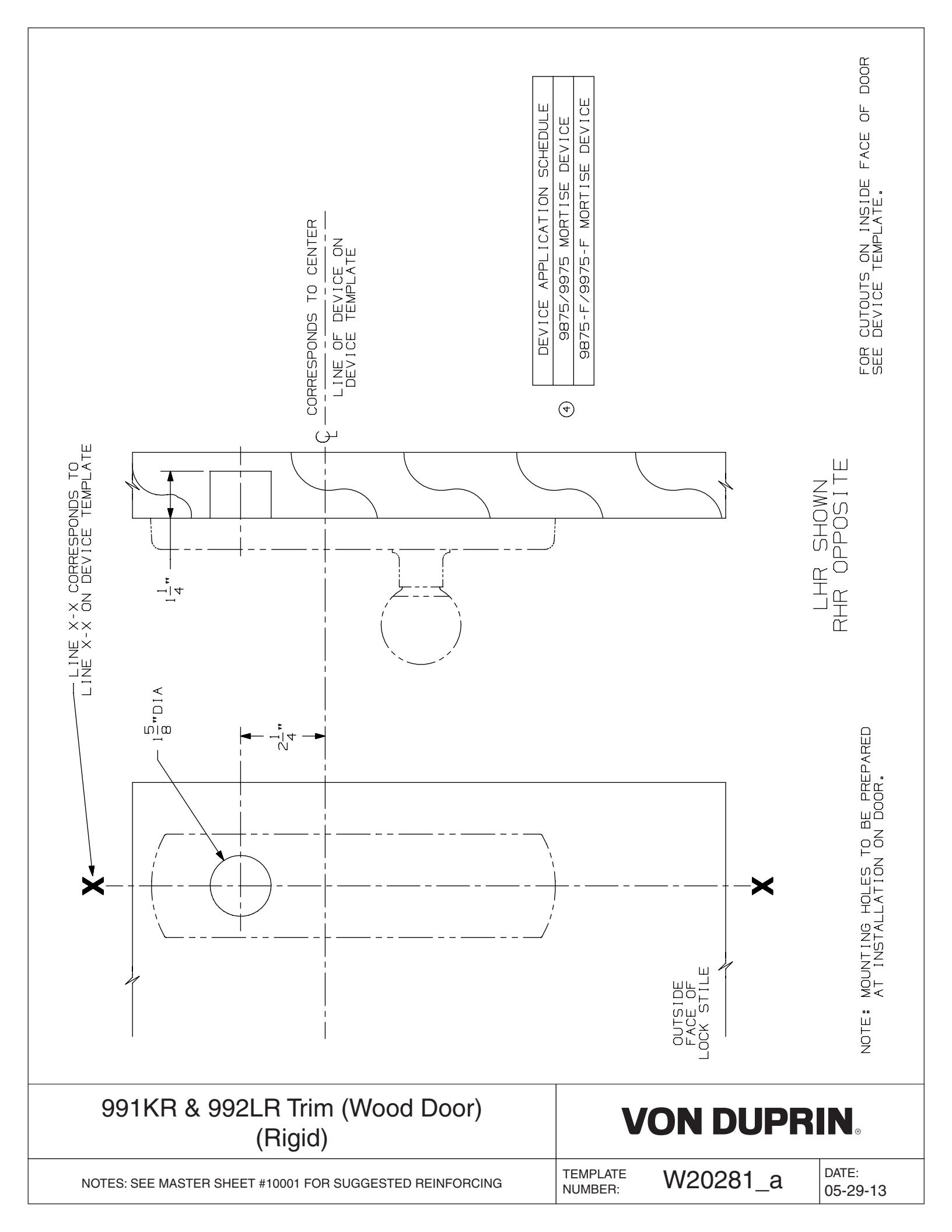 Von Duprin 991K-NL-M Rigid Trim For 98 and 99 Series Trim Wood Door Template diagram on page 1