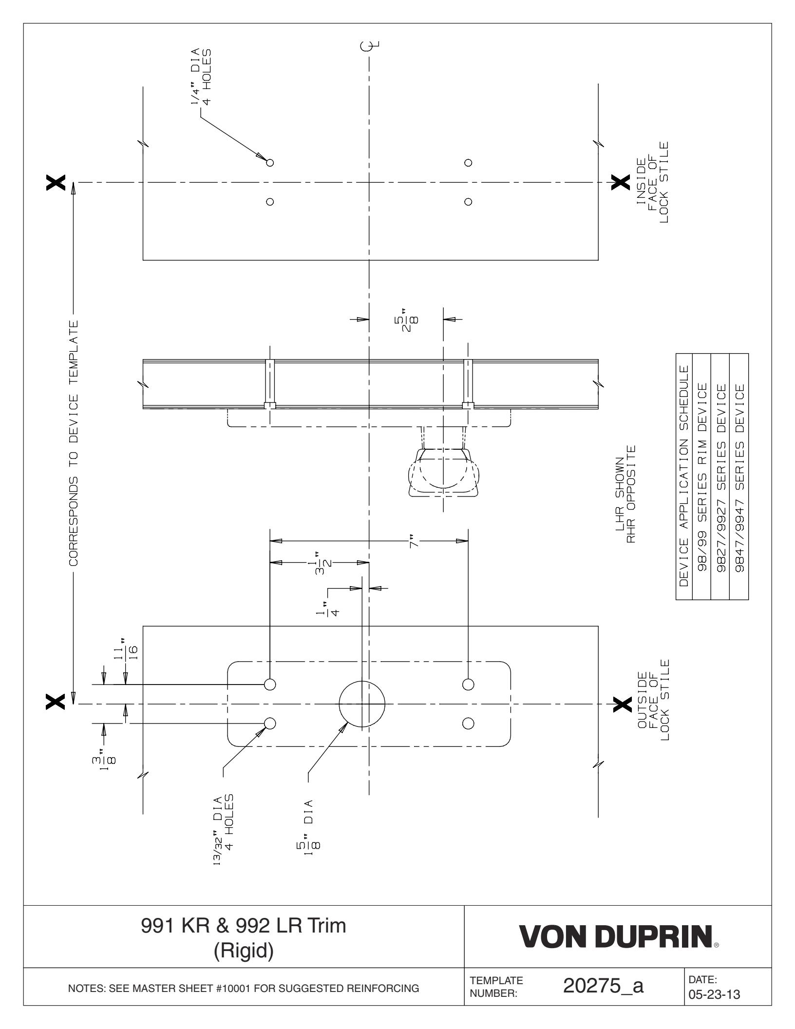 Von Duprin 991K-NL-R, 991K-NL-V Rigid Trim For 98 and 99 Series Exit Device Metal Door Template diagram on page 1