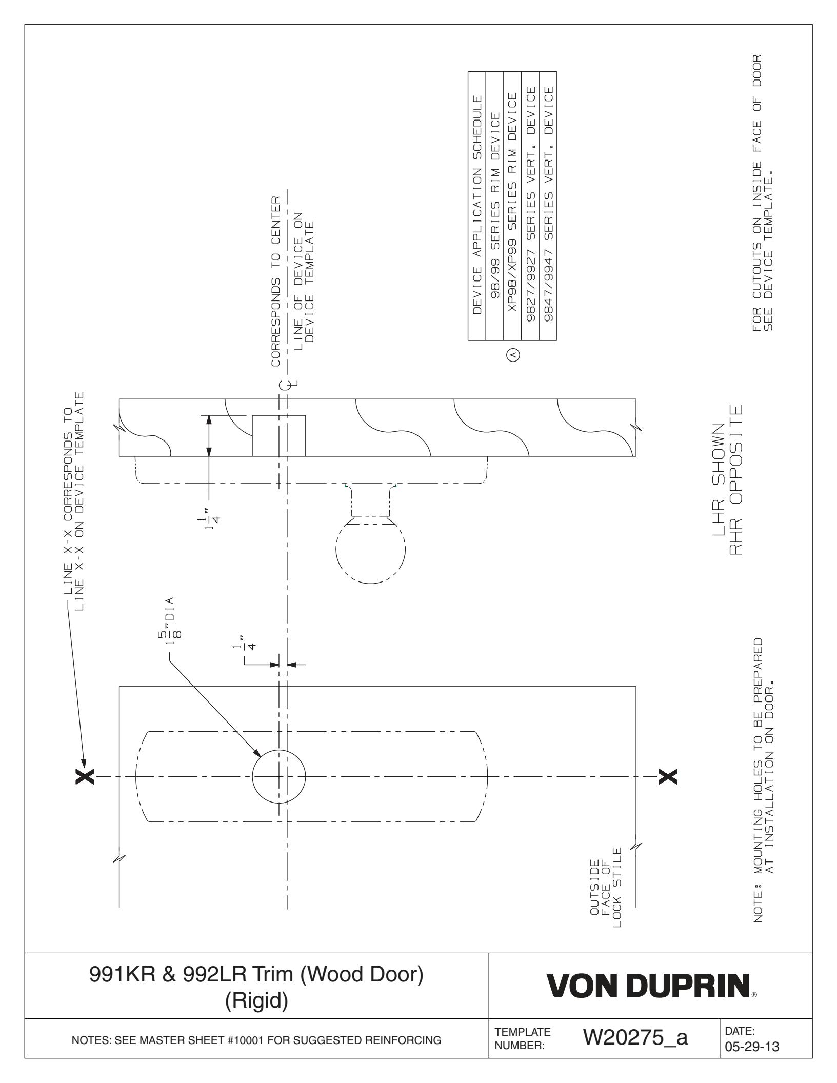 Von Duprin 991K-NL-R Rigid Trim, 991K-NL-V Rigid Trim For 98 and 99 Series Trim Wood Door Template diagram on page 1