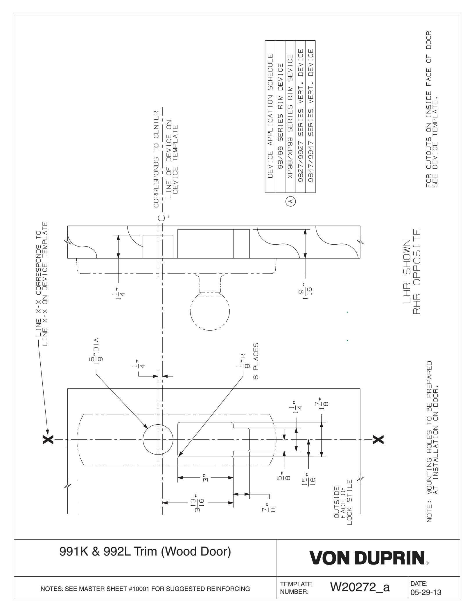 Von Duprin 991K-R, 991K-V Trim For 98 and 99 Series Trim Wood Door Template diagram on page 1