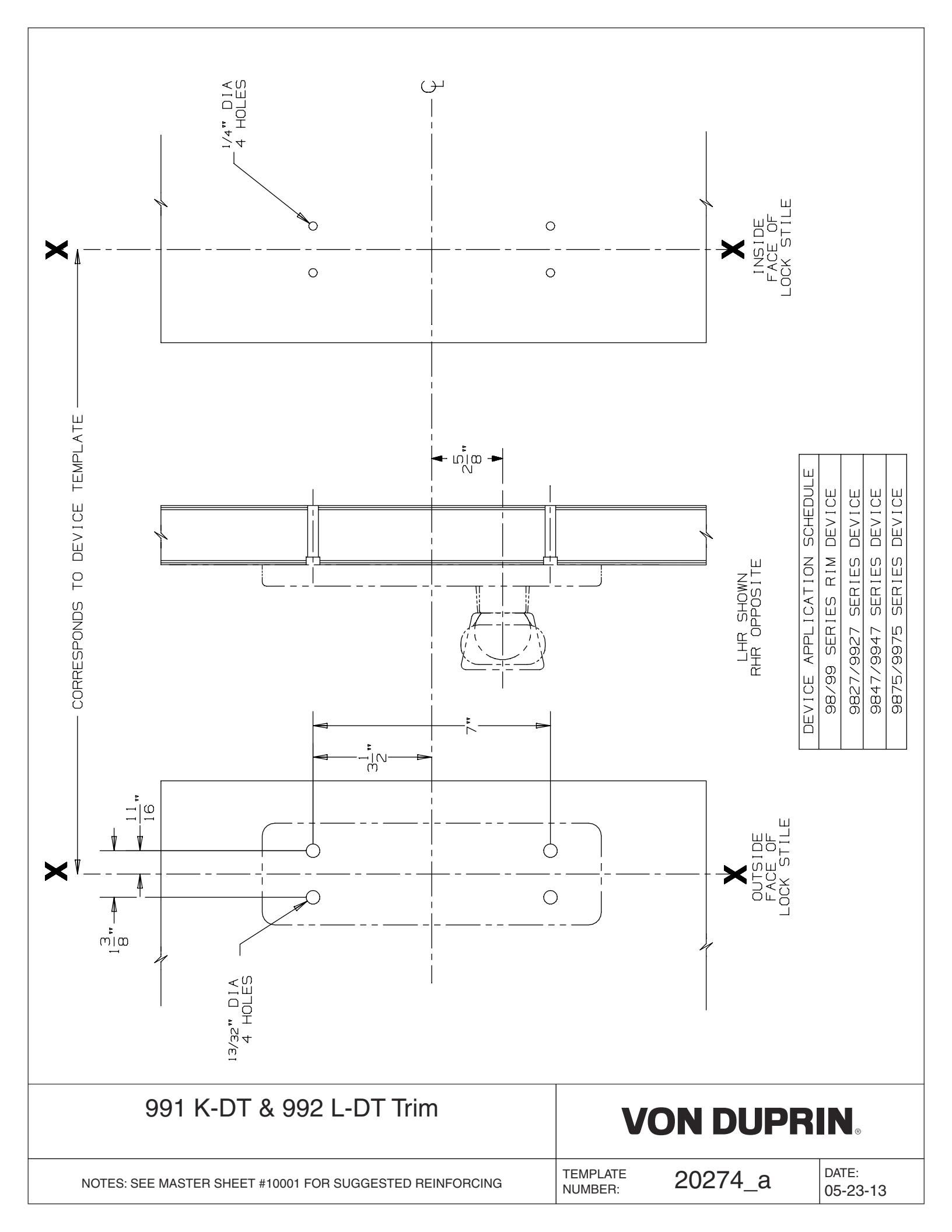 Von Duprin 992L-DT Trim For 98 and 99 Series Exit Device Metal Door Template diagram on page 1