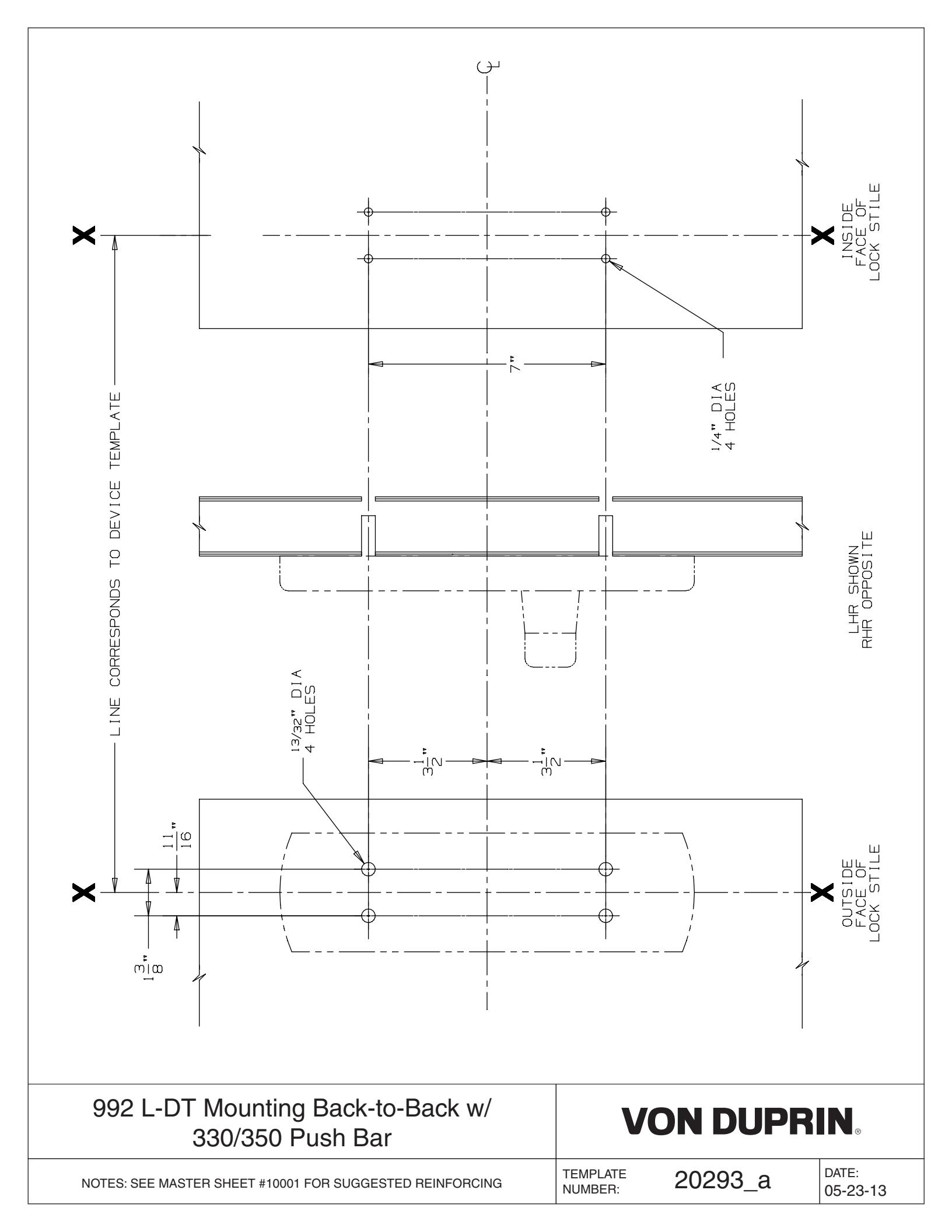 Von Duprin 992L-DT Trim Used with 330, 350 Push Bar Trim For 98 and 99 Series Exit Device Metal Door Template diagram on page