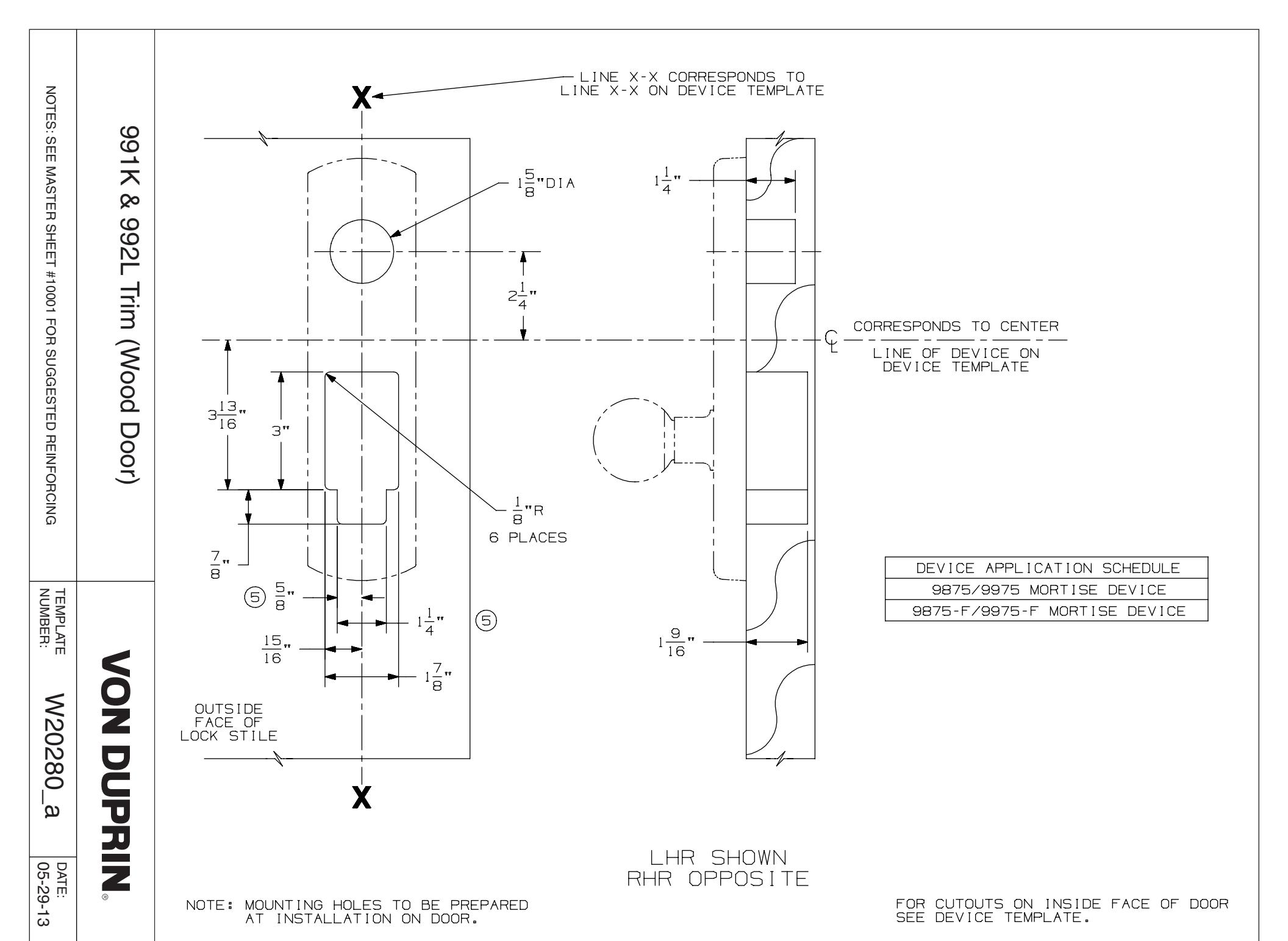 Von Duprin 992L-M Trim For 98 and 99 Series Trim Wood Door Template diagram on page 1