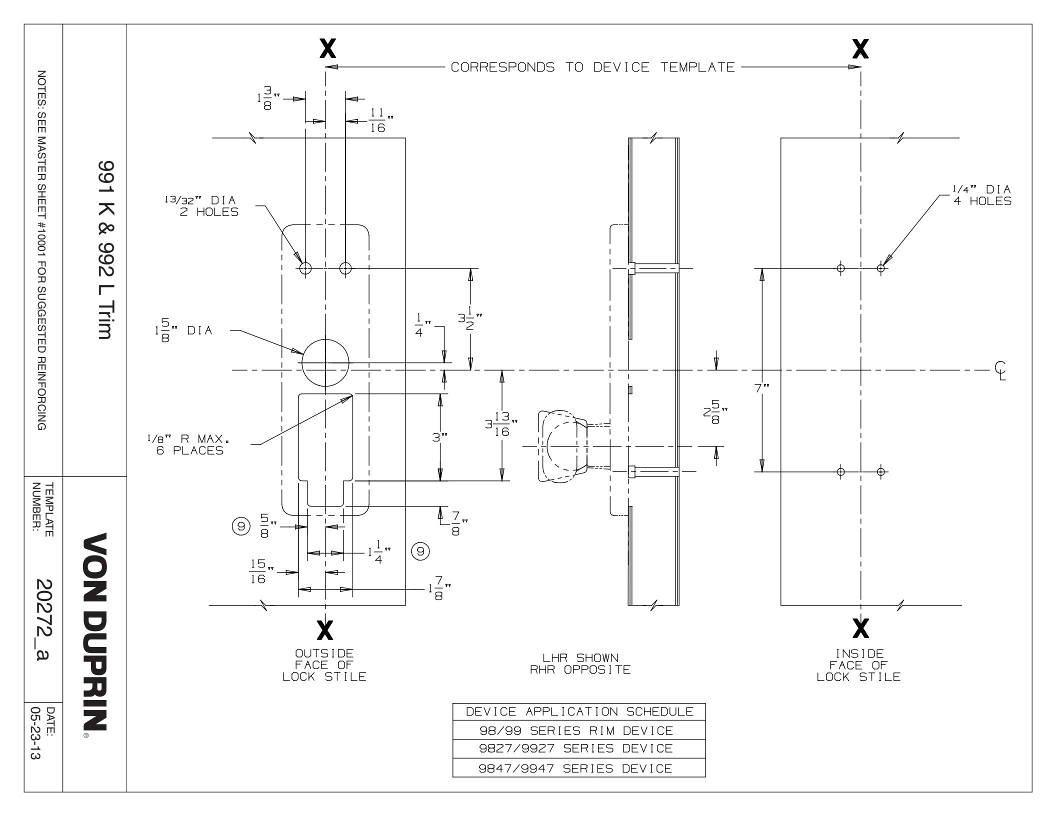 Von Duprin 992L-R, 992L-V Trim For 98 and 99 Series Exit Device Metal Door Template diagram on page 1