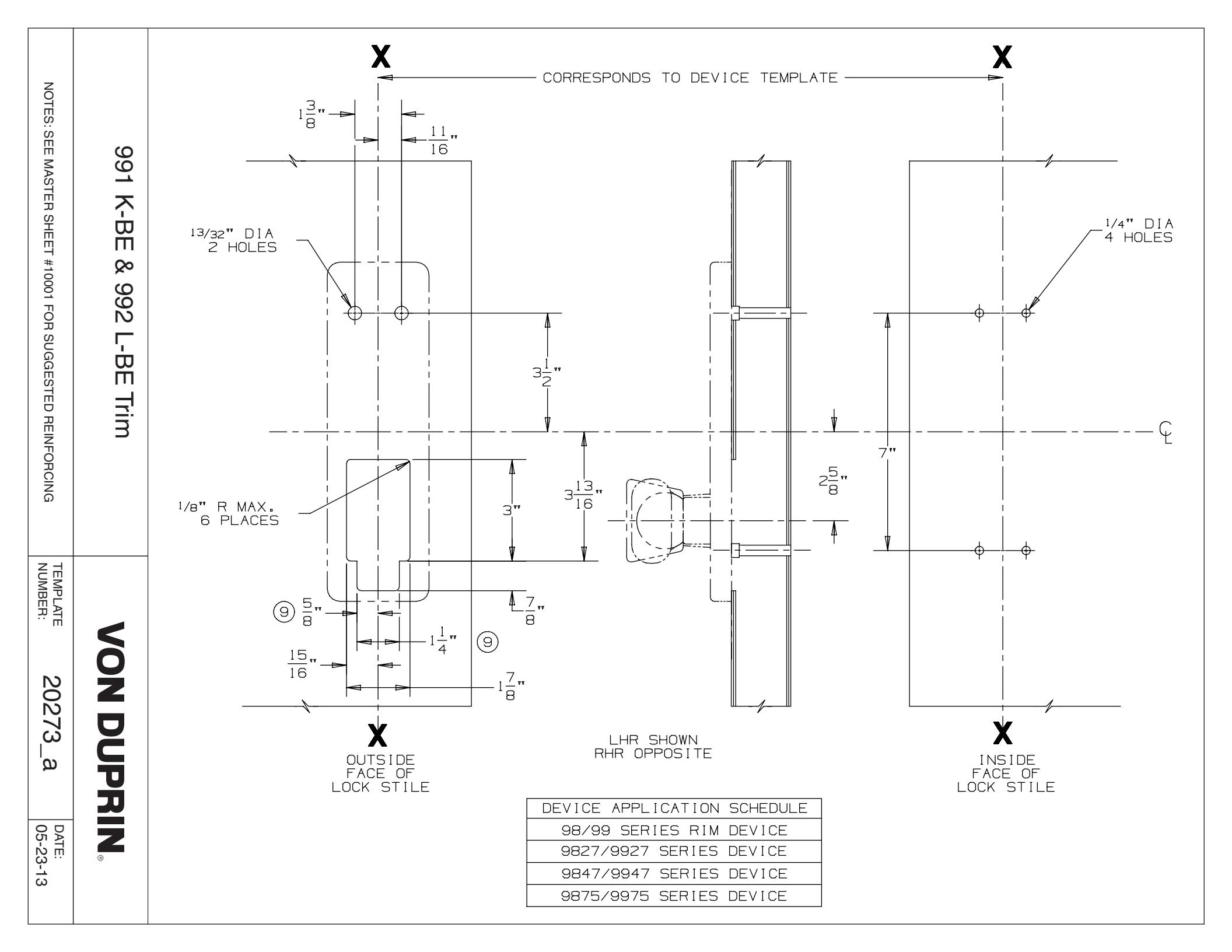 Von Duprin 992L-R-BE, 992L-V-BE Trim For 98 and 99 Series Exit Device Metal Door Template diagram on page 1