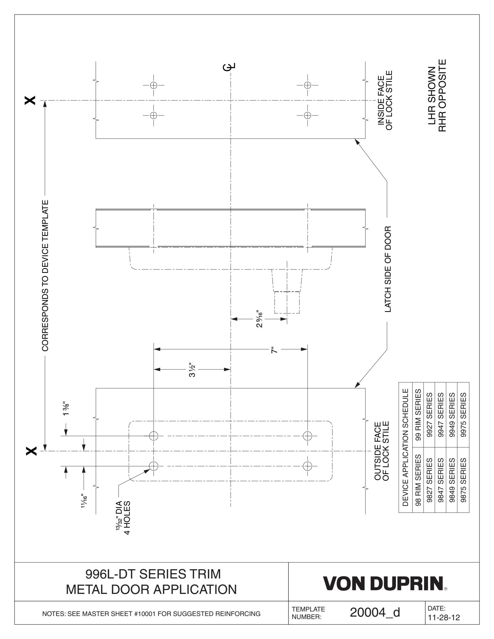 Von Duprin 994L-DT, 996L-DT Trim For 98 and 99 Series Exit Device Metal Door Template diagram on page 1