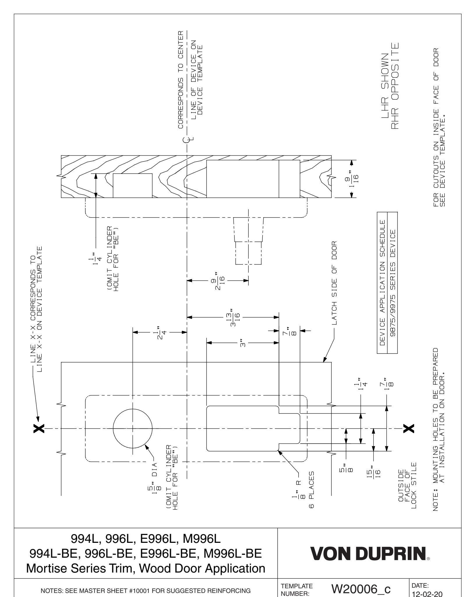 Von Duprin 994L-M, 994L-M-BE Trim For 98 and 99 Series Trim Wood Door Template diagram on page 1