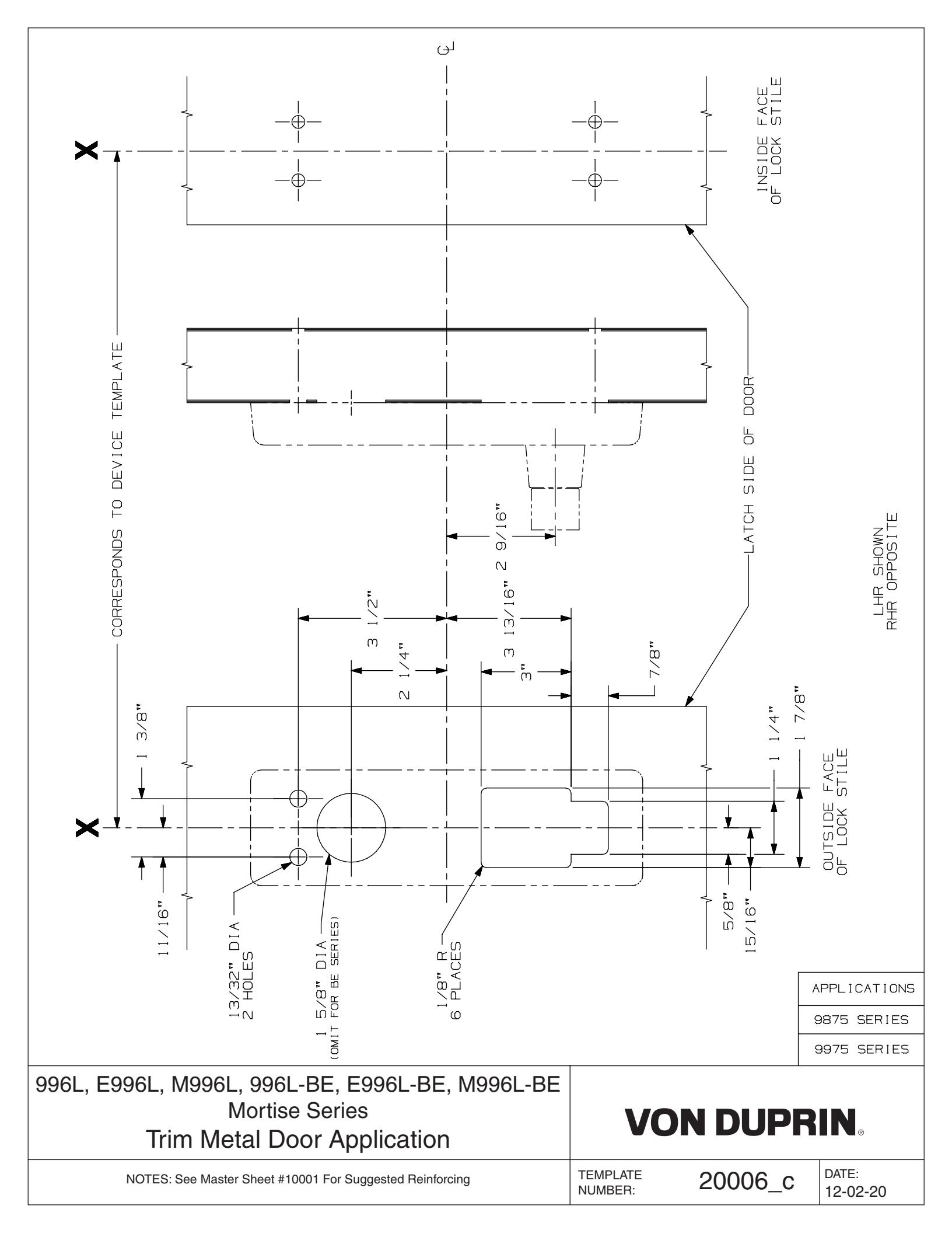 Von Duprin 994L-M, 996L-M, 994L-M-BE, 996L-M-BE Trim For 98 and 99 Series Exit Device Metal Door Template diagram on page 1