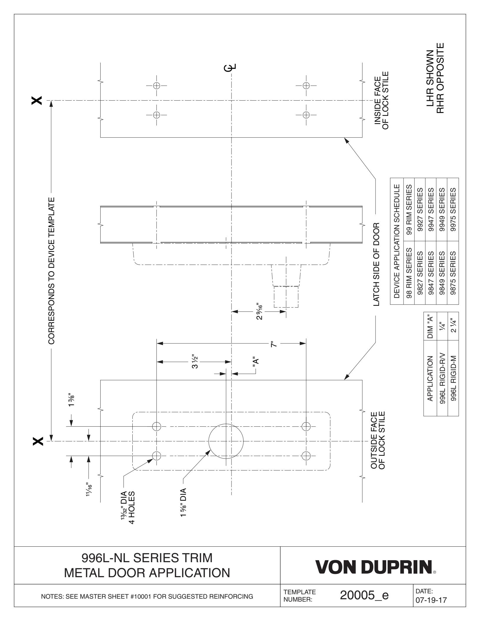 Von Duprin 994L-NL, 996L-NL Rigid Trim For 98 and 99 Series Exit Device Metal Door Template diagram on page 1