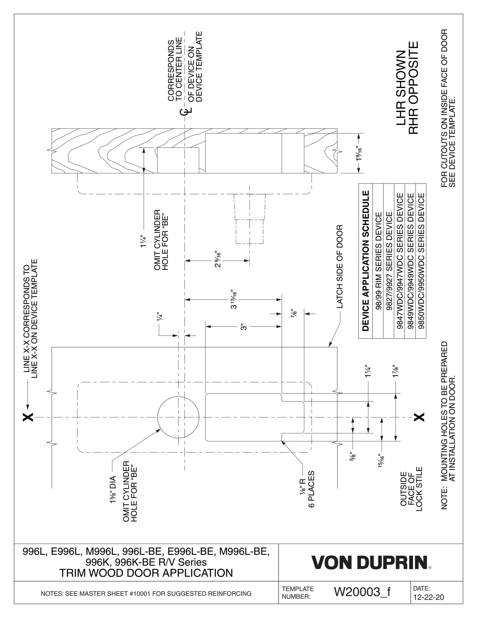 Von Duprin 994L-R, 994L-V, 994L-R-BE, 994L-V-BE Trim For 98 and 99 Series Trim Wood Door Template diagram on page 1