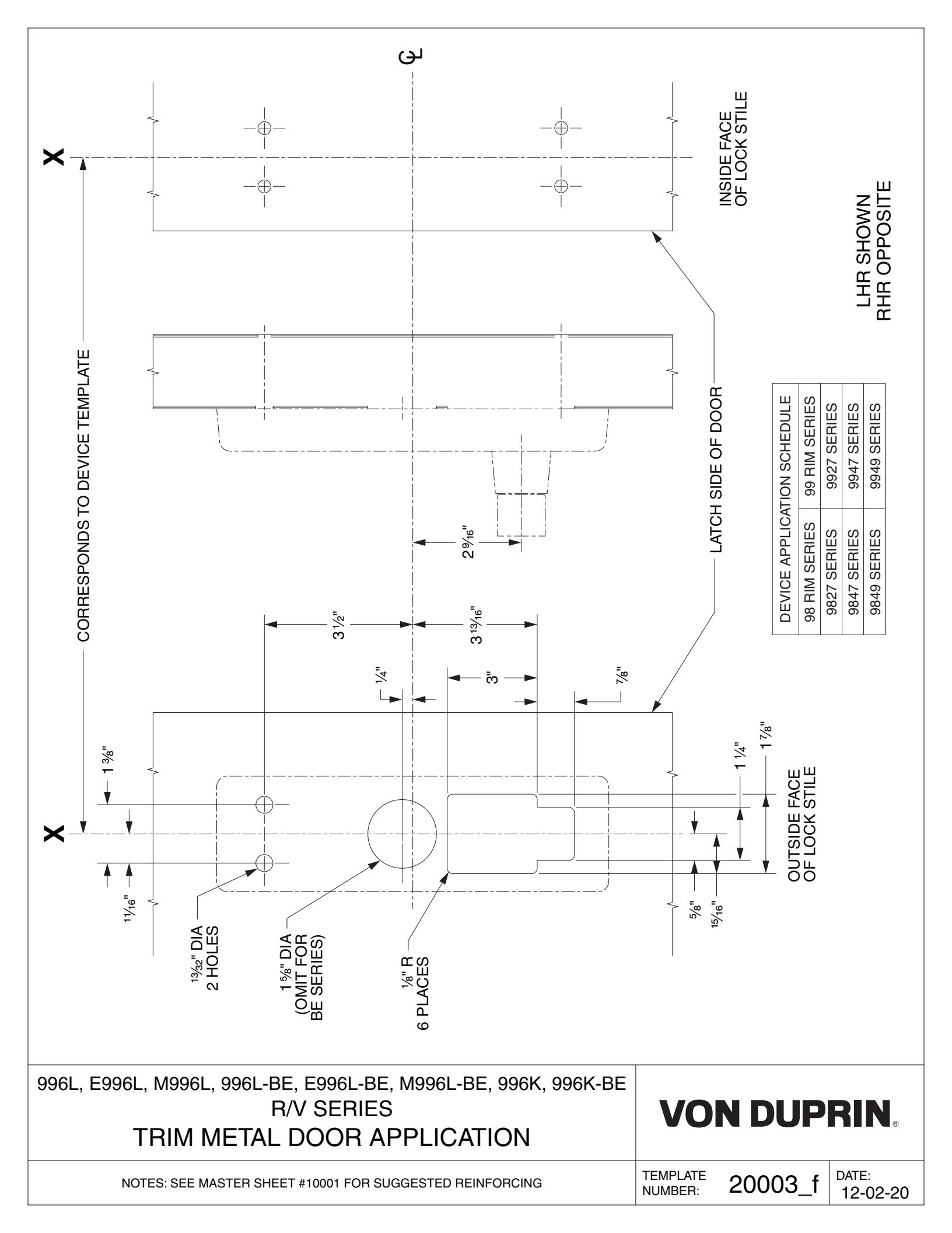 Von Duprin 996L, 996L-BE Trim For 98 and 99 Series Exit Device Metal Door Template diagram on page 1