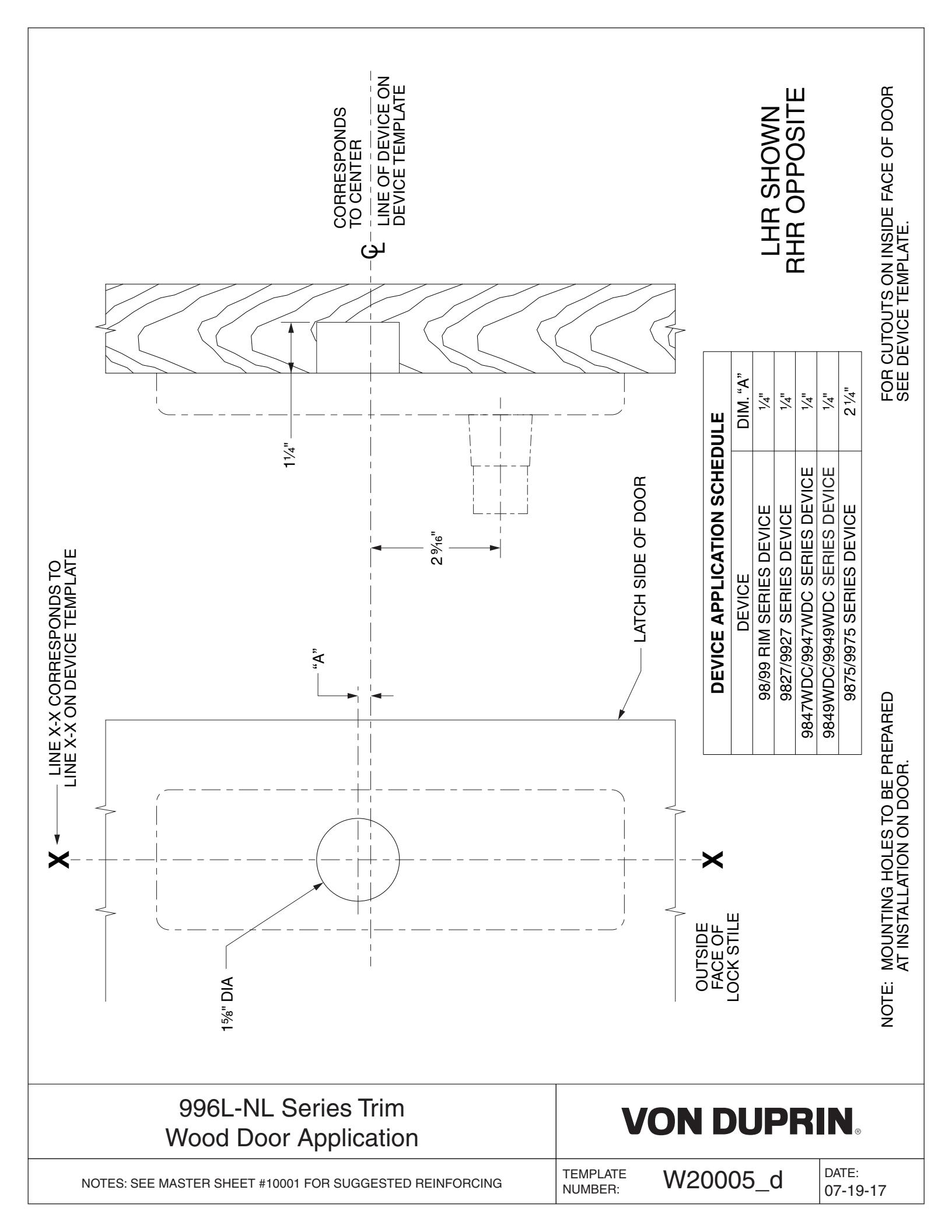 Von Duprin 996L-NL-M Rigid Trim For 98 and 99 Series Trim Wood Door Template diagram on page 1