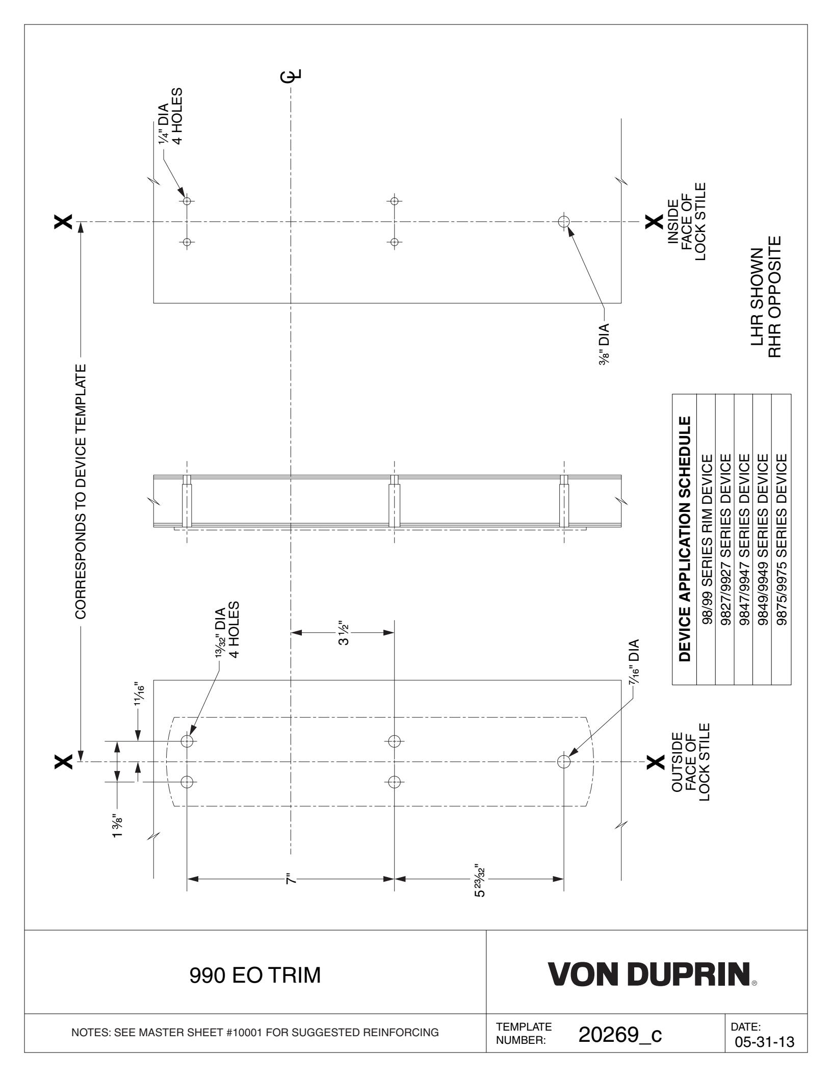 Von Duprin 99EO Trim For 98 and 99 Series Exit Device Metal Door Template diagram on page 1