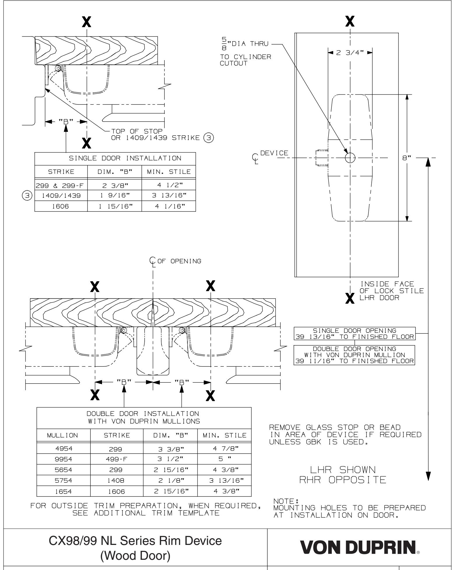 Von Duprin CX98, CX99, CX98-F, CX99-F NL Series Rim Device For Wood Door Template diagram on page 1